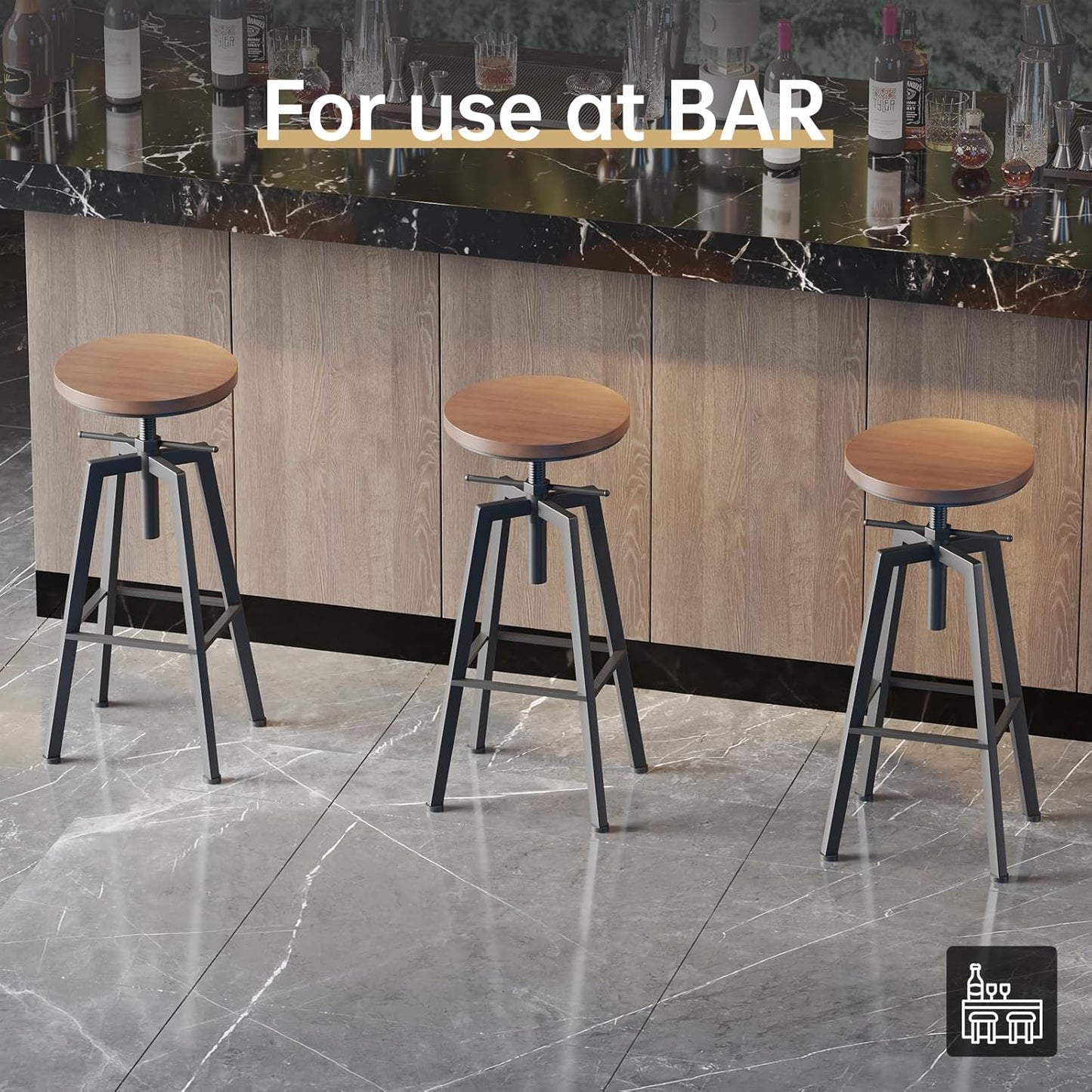 Vintage Adjustable Bar Stools Set of 2, Height Ranges from 24.8 to 30.8 inch, Natural Wood Seat and Heavy Metal Frame Rustic Industrial Swivel Bar Stools