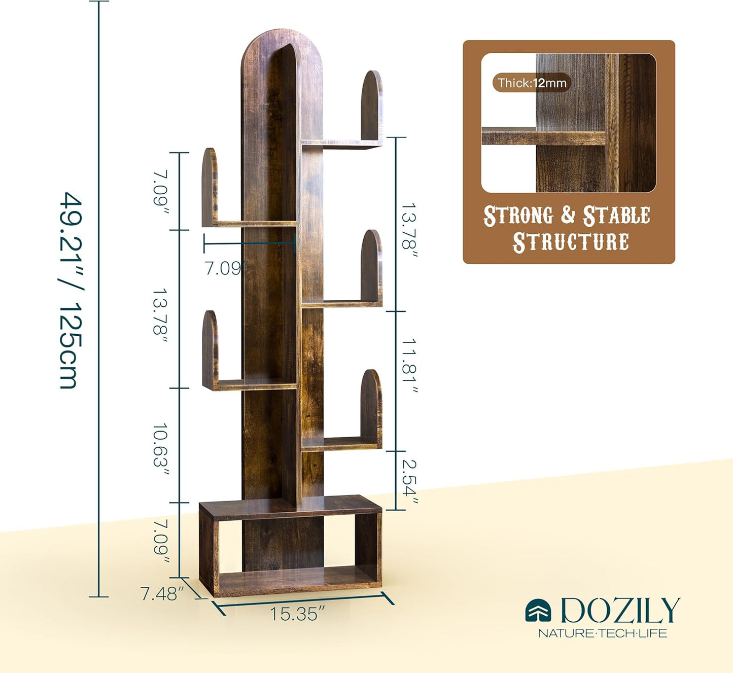 Cactus Tree Bookshelf, 5-Tier Wood 50" Tall Corner Storage Rack for CDs/Movies/Books, Small Space-Saving Organizer Shelves for Living Room, Bedroom, Home Office (Rustic Brown)