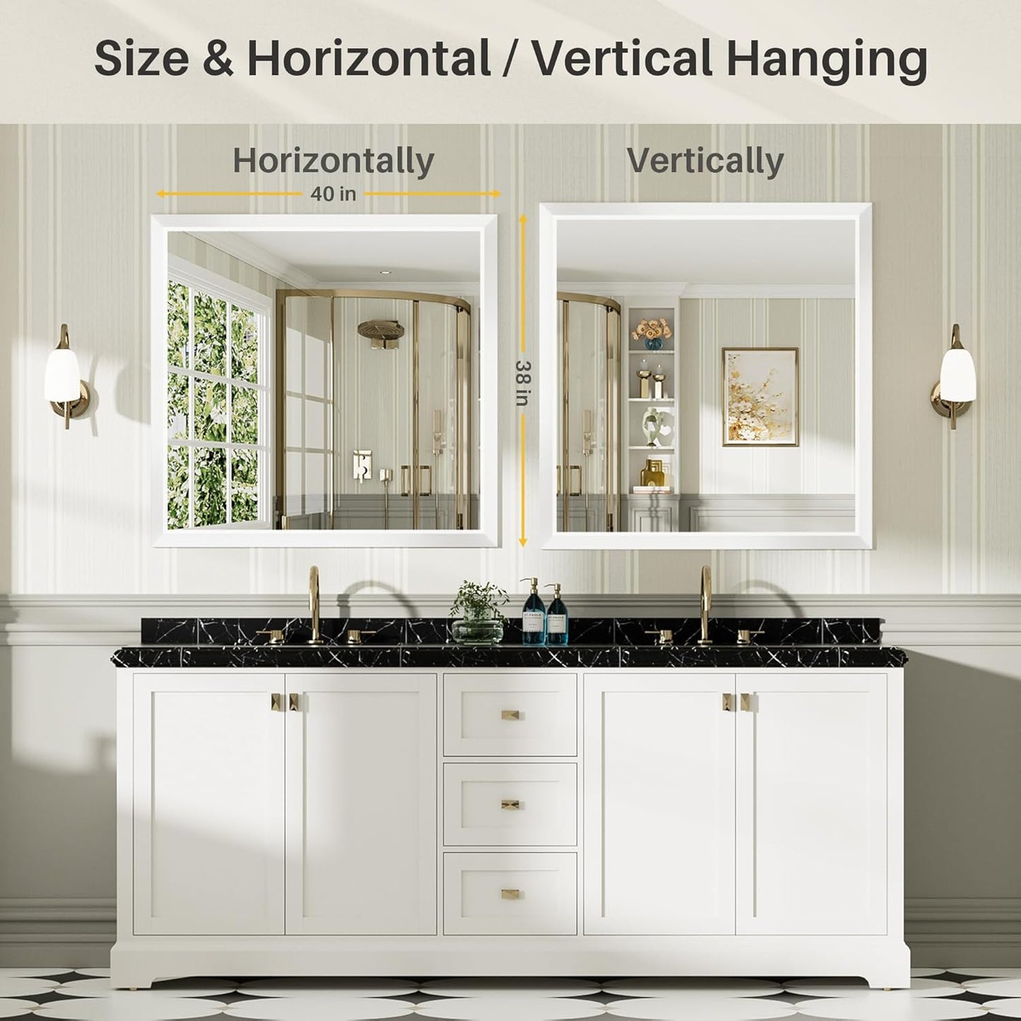 40x38 Inch White Bathroom Mirror for Wall, Thick Metal Framed Rectangle Mirrors for Over Sink, Bedroom, Living Room, Entryway, Anti-Rust, HD Tempered Glass