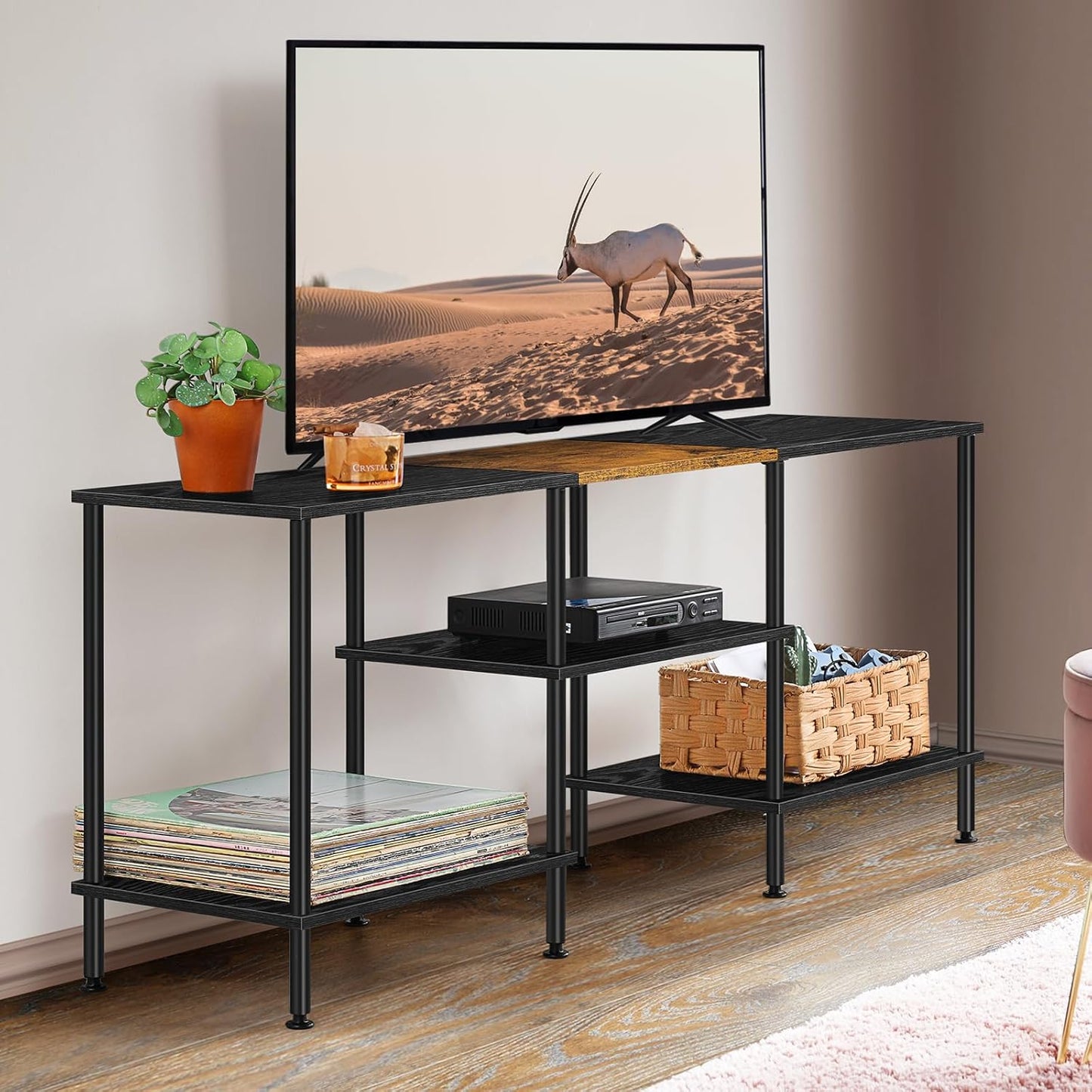 50 inch TV Stand 3 Tier Entertainment Center with Storage Shelves Small Tall Television Console Table with Metal Frame, Industrial TV Cabinet for Living Room Bedroom, Black
