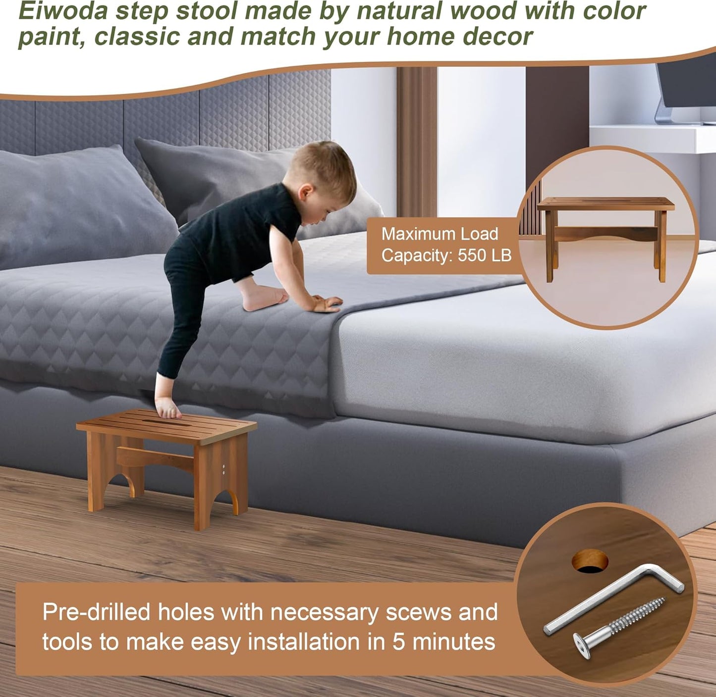 Wooden Step Stool for Adults, 9" Portable Wood Step Stool for Kids, Heavy Duty One Step Bedside Stool with 550 Lbs Load Capacity, Non-Slip White Foot Stool for Kitchen Bathroom Bedroom