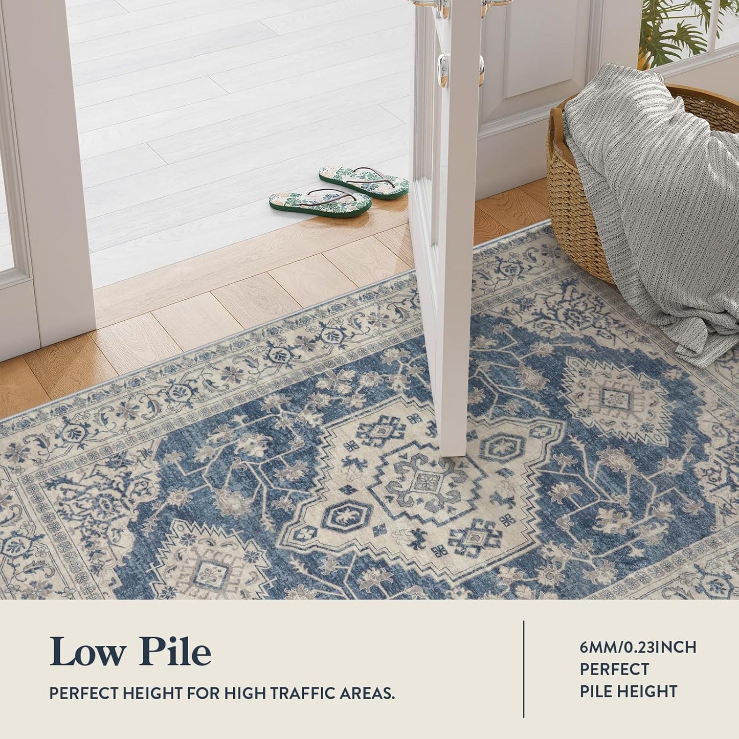 Lahome Oriental Small Area Rug, 2x4 Washable Entryway Rug Non-Slip Ultra-Thin Indoor Door Mat Distressed Throw Carpet for Kitchen Bedroom, Blue