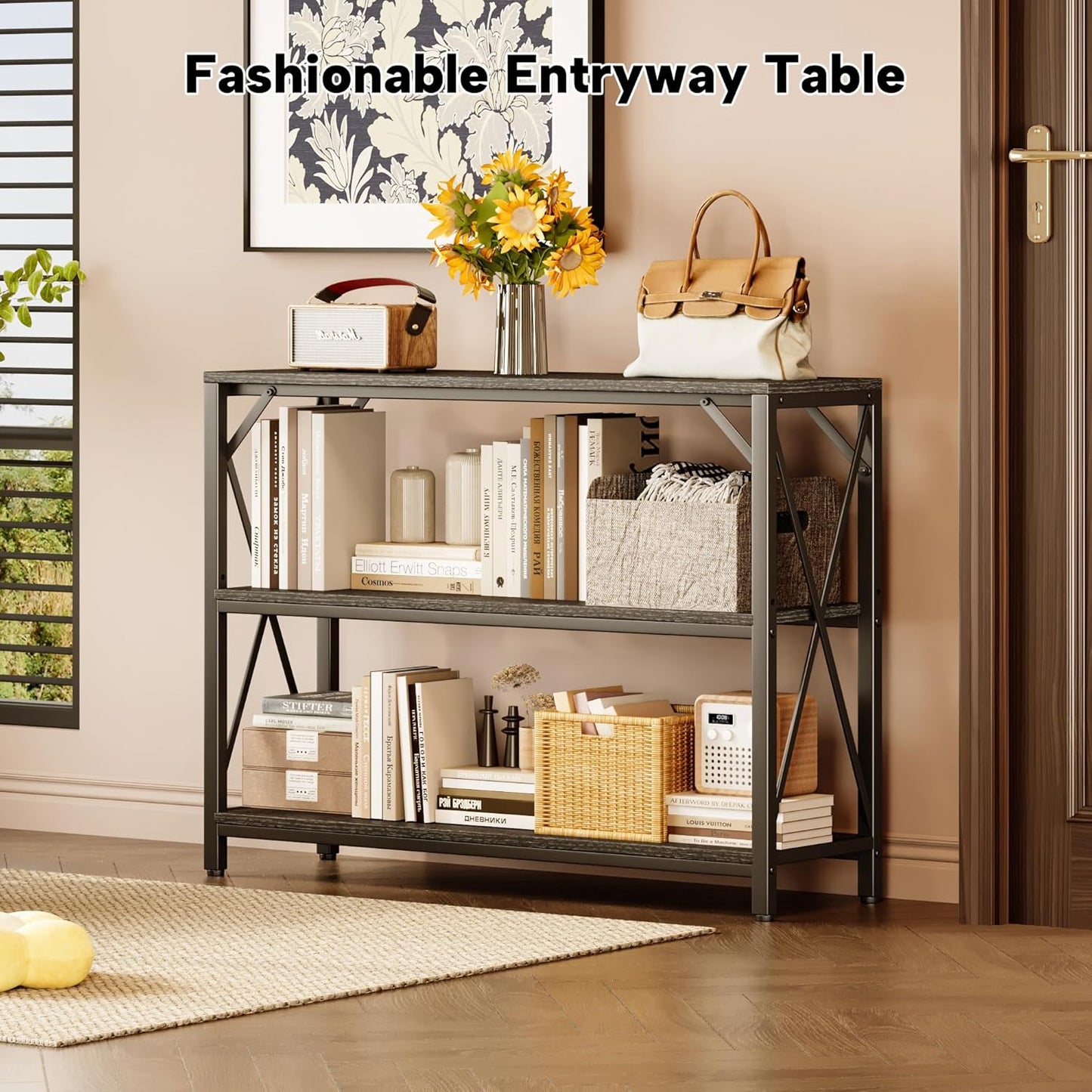 Homeiju Entry Table 40" Width, 3-Tier Entryway Table with Storage, Industrial Sofa Table with Open Shelves, Foyer Tables for Entryway, Hallway, Kitchen, Living Room and Bedroom, Black