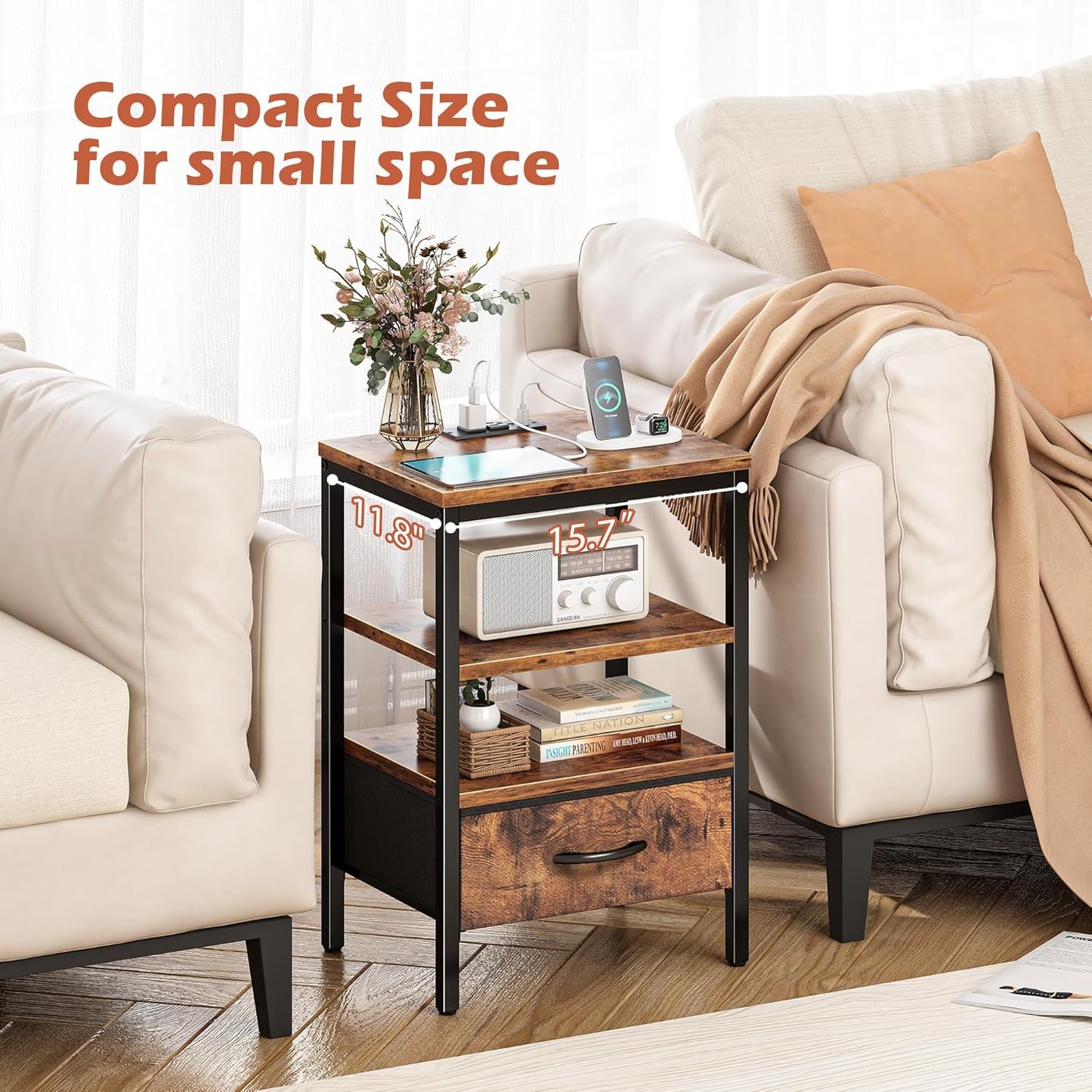 SUPERJARE Nightstand Set of 2, Bed Side Tables with Charging Station, Adjustable Fabric Drawer, Night Stand for Bedroom, 3-Tier Storage End Tables, for Living Room, Rustic Brown