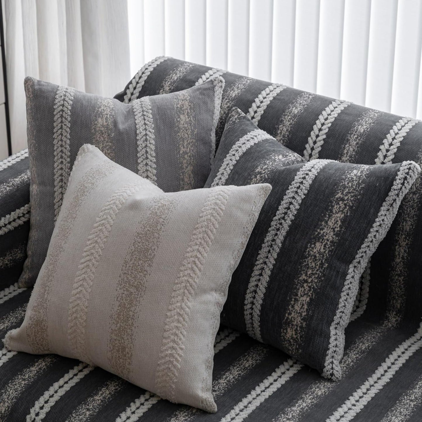 Pack of 1 Decorative Throw Pillow Covers 12x20 Inch, Pillow Cases for Living Room Couch Bedroom Farmhouse Home Decor, Soft Stripe Chenille Cushion Covers for Sofa Grey,12''x20''