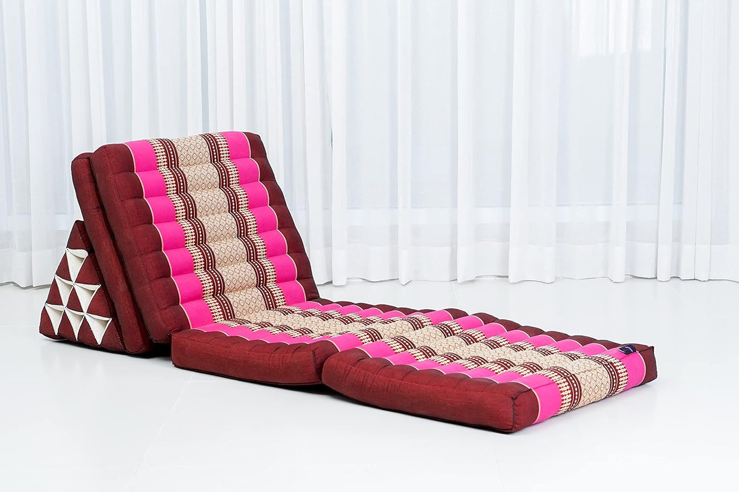 Leewadee Comfortable Japanese Floor Mattress - Thai Floor Bed with Triangle Cushion - Futon Mattress - XL Extra Long Thai Massage Mat, 89 x 20 inches, Auburn Pink, Kapok Filling