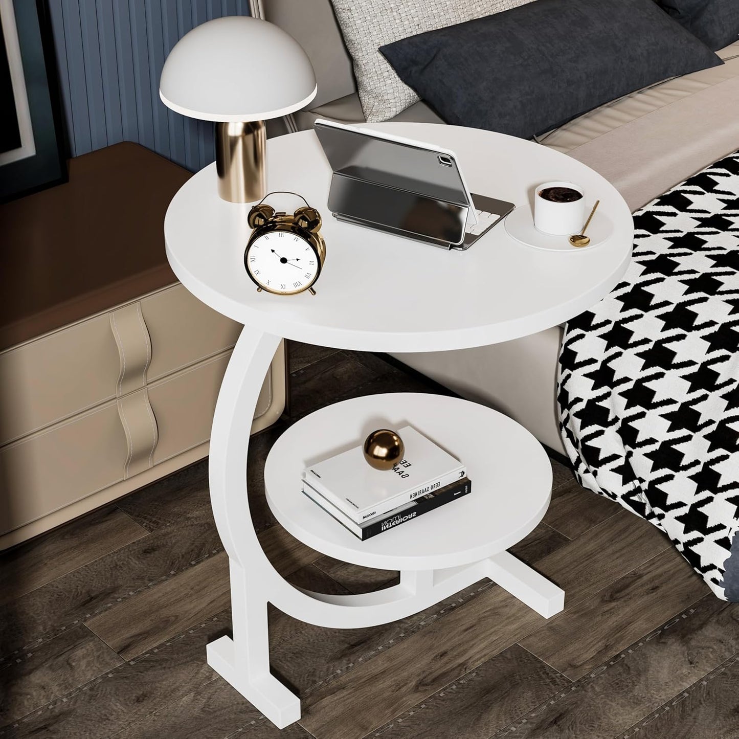 C-Shaped End Table,2 Tiers Round Side Table,Sofa Small Side Table for Living Room, Bedroom,Bedside Small Space,White