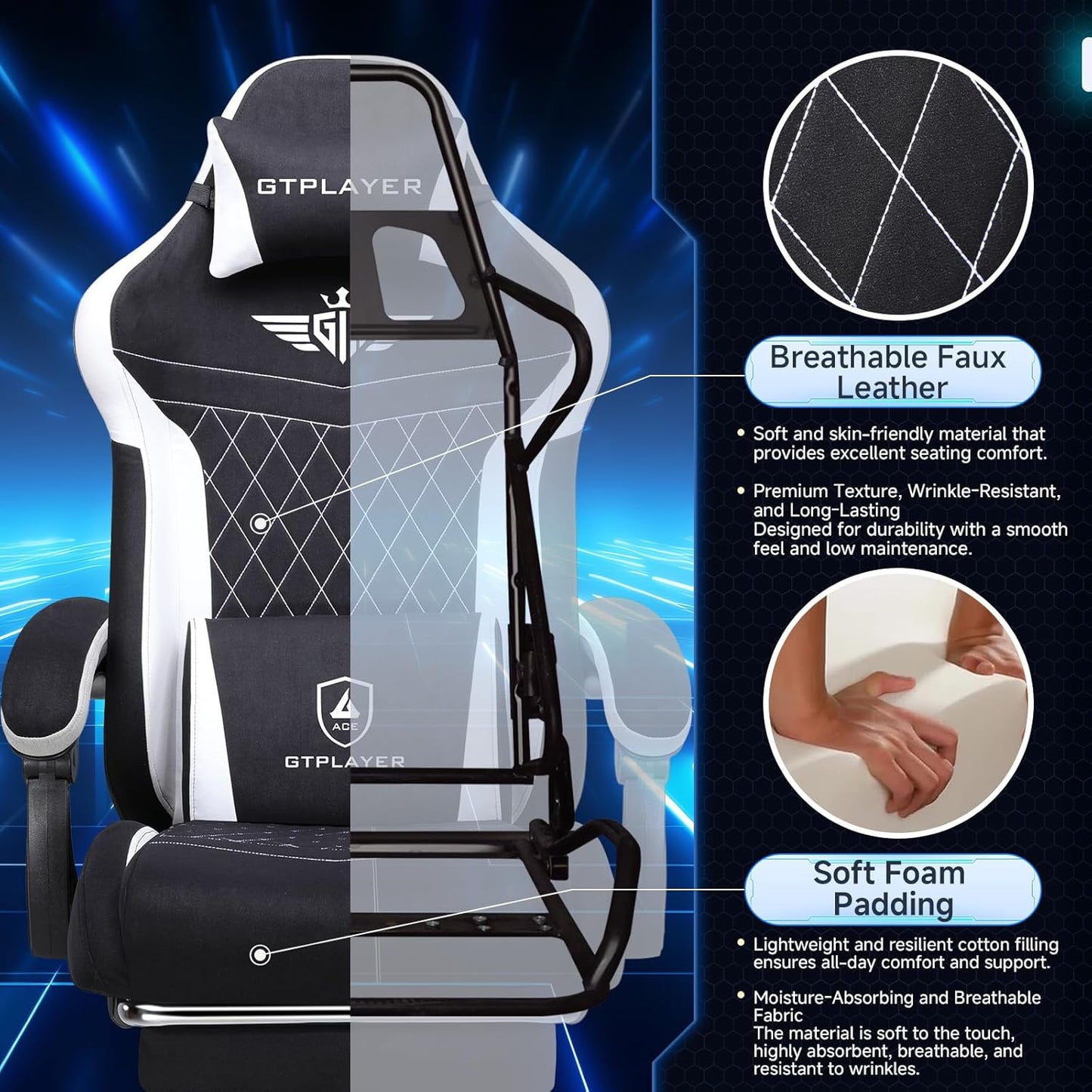GTPLAYER Gaming Chair, Video Game Chairs with Footrest and Lumbar Support, Computer Chair for Adults with Extended Backrest, Ergonomic Reclining Silla Gamer, Fabric, Black