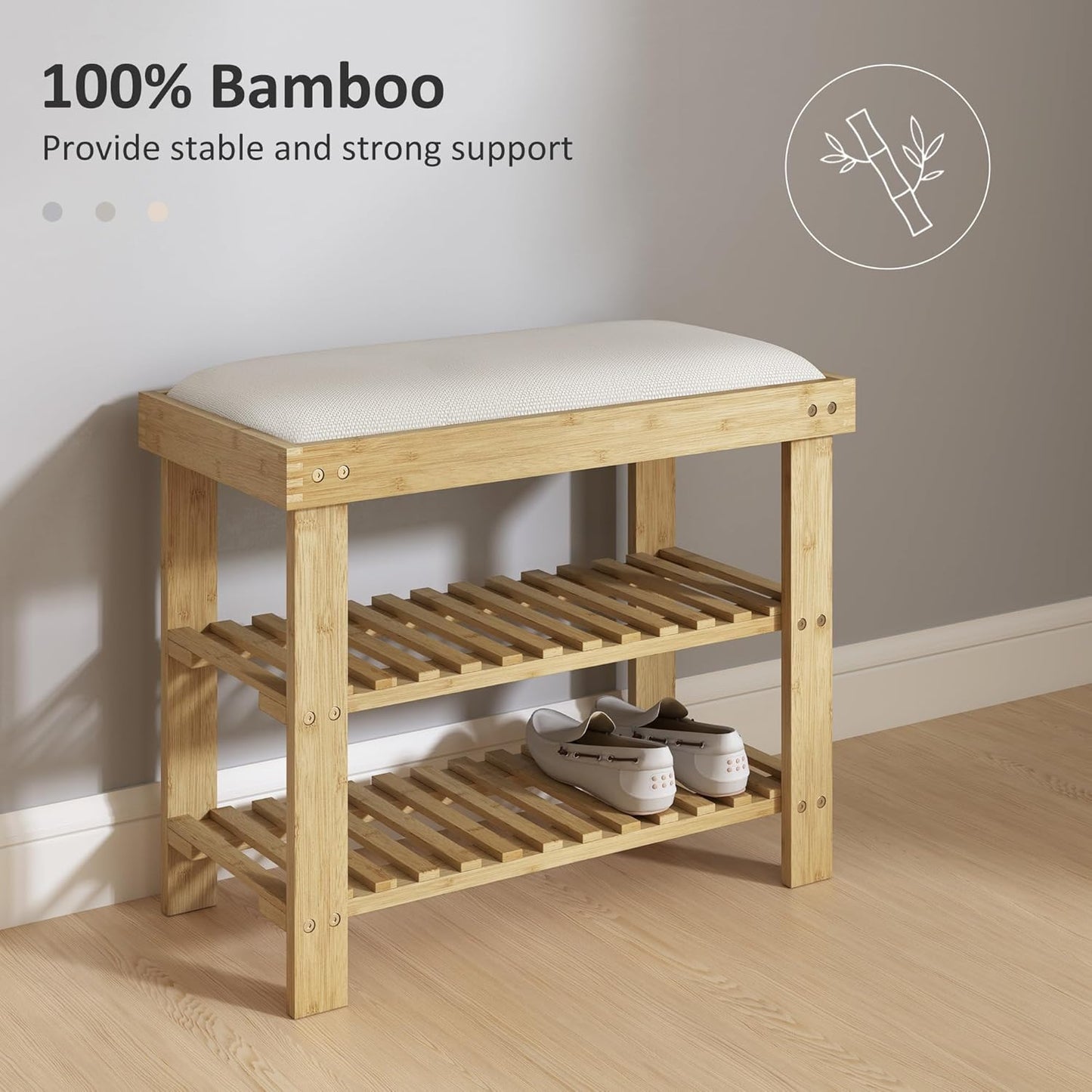 HOMCOM Bamboo Shoe Bench, 3-Tier Entryway Bench with Storage and Cushion, Shoe Organizer for Entryway, Hallway, Holds Up to 331 lbs, 23.6 x 11.4 x 19.3 Inches, Cream White