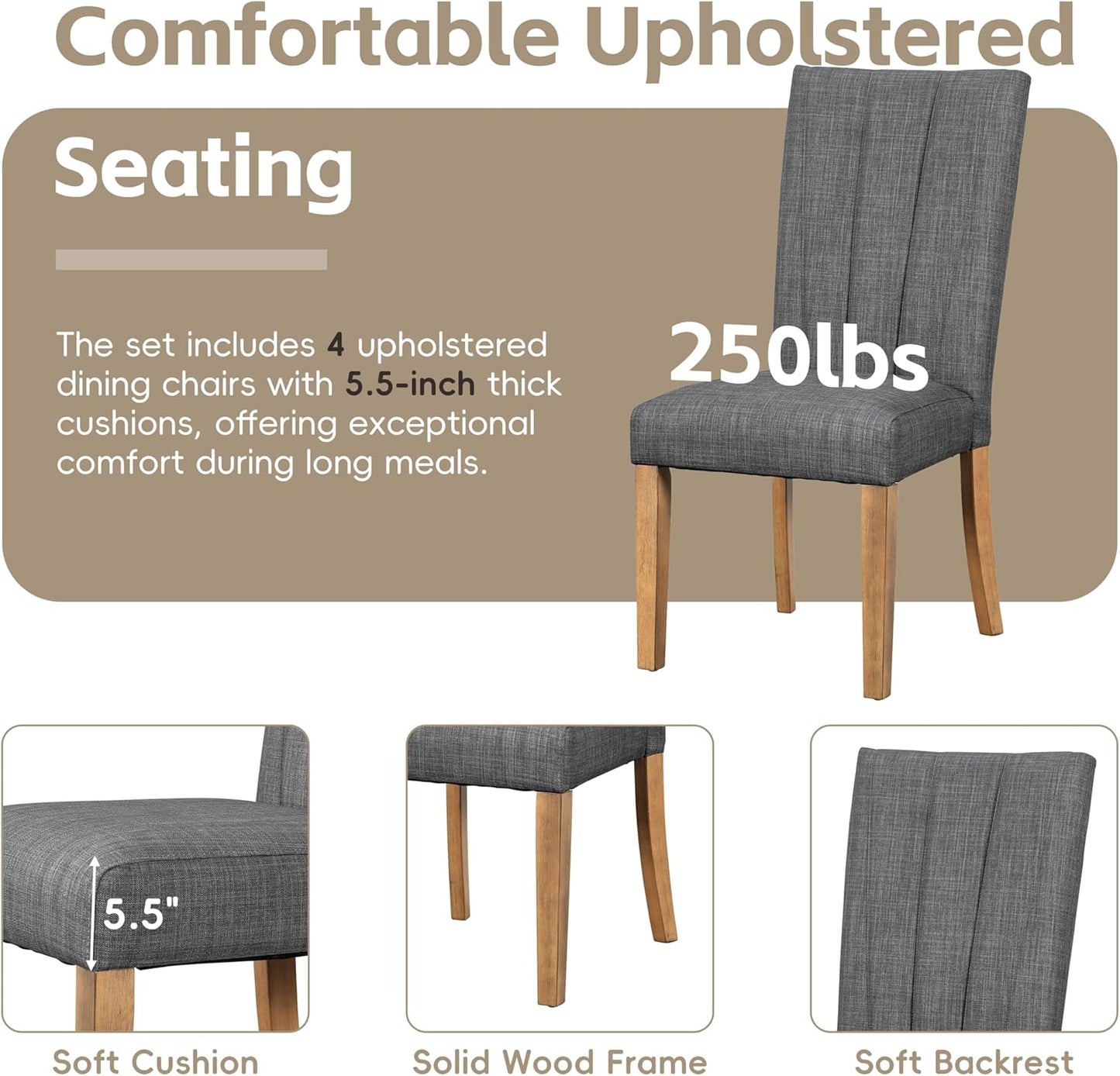 Ball & Cast 6 Piece Farmhouse Dining Table Set with Extendable Table,4 Upholstered Chairs & 1 Bench,Wooden Kitchen Table Set of 6,Backrest Chair with Table & Upholstery-Bench,for Dining Room,Gray