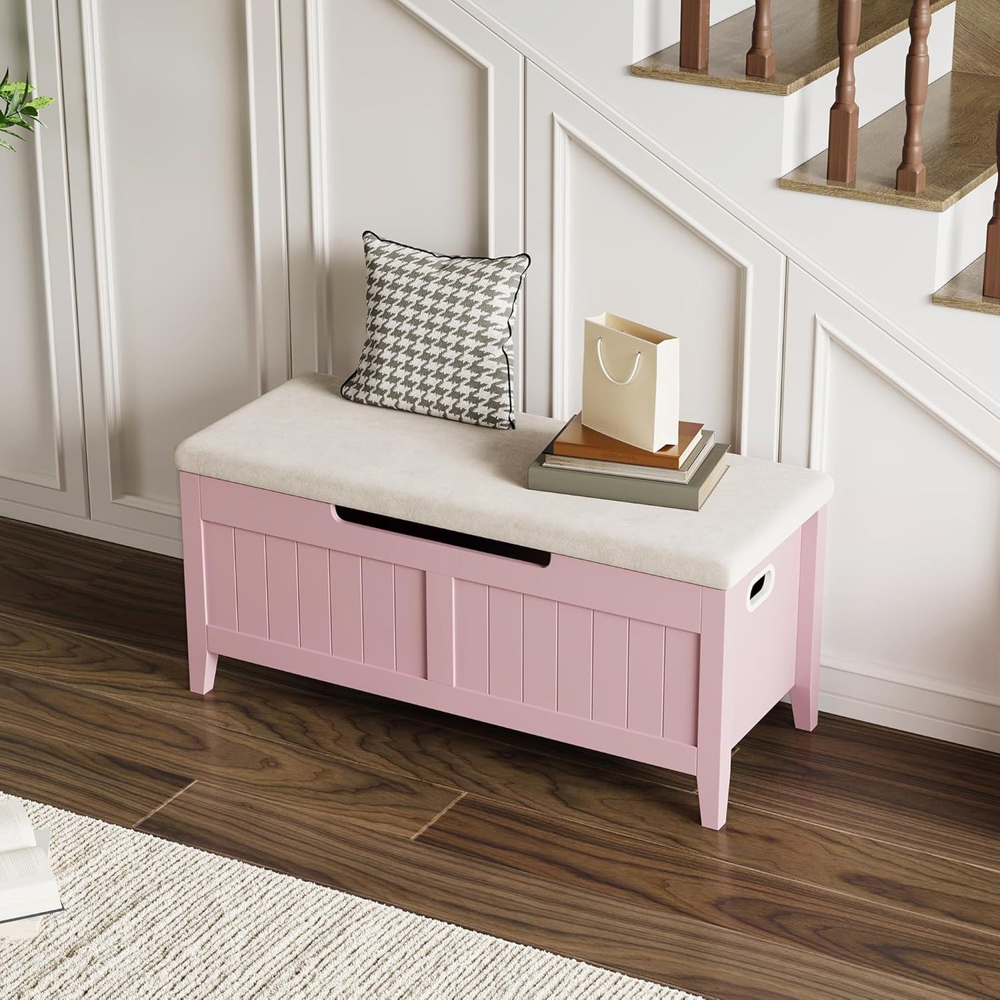 GAOMON Storage Bench with Cushion, 39.4” Wooden Chest Storage Box with 2 Safety Hinges, Entryway Benches with Flip-Top, Large Trunk for Living Room, Bedroom, Easy Assembly