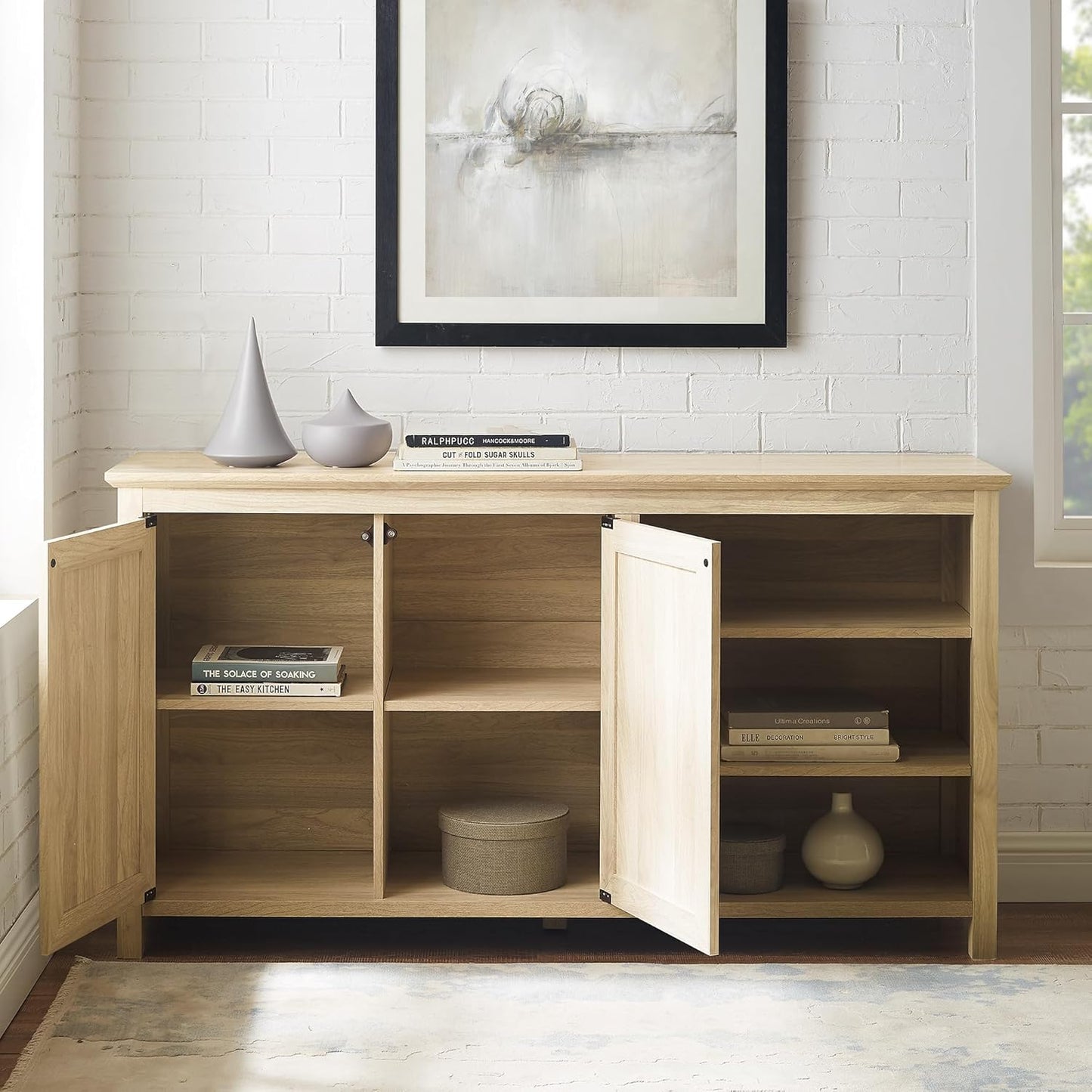 Walker Edison Modern Wood Grooved Buffet Sideboard with Open Storage-Entryway Serving Storage Cabinet Doors-Dining Room Console, 58 Inch, Birch