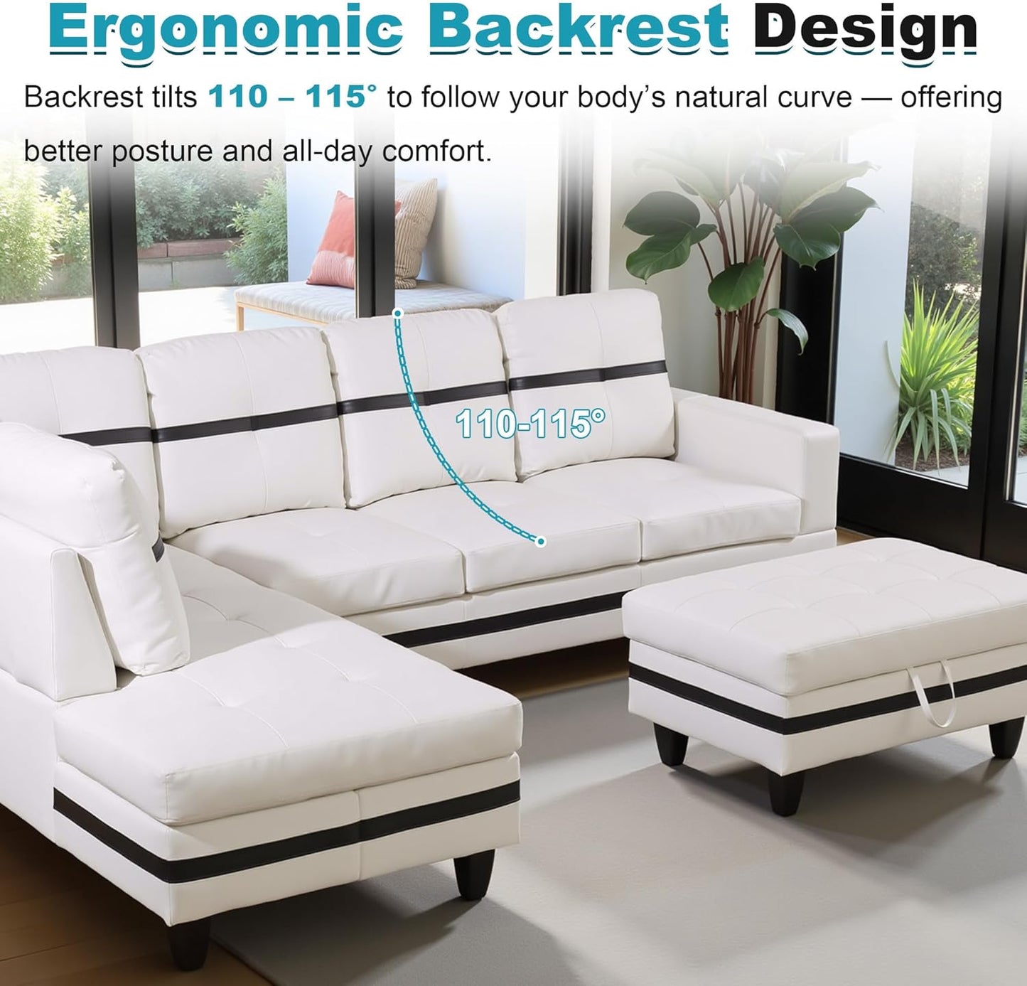 103.5" Oversized Sectional Couch, L Shaped Couch with Storage Ottoman, Modern Modular Sofa with Deep Seat, Sectional Couches for Living Room and Office, White and Black (PU Leather)