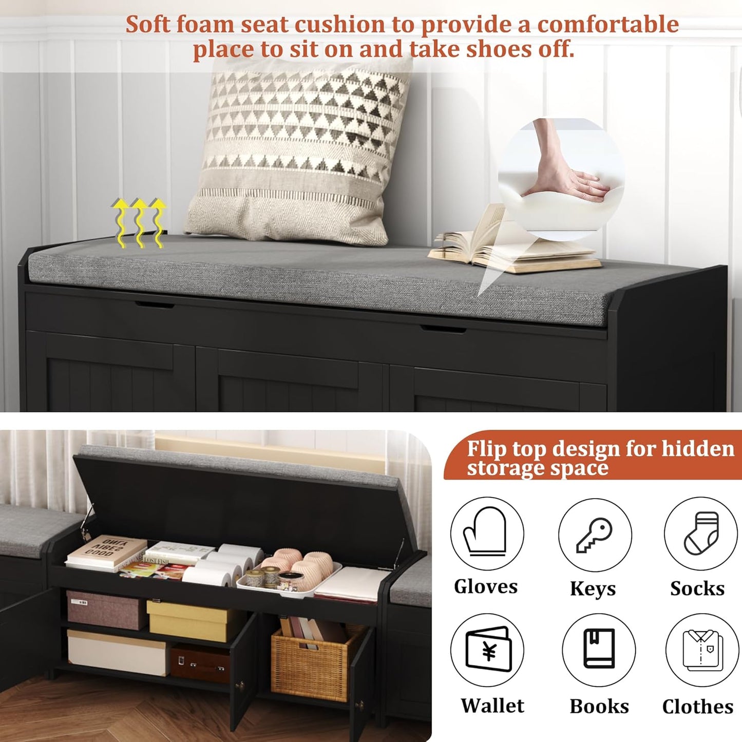 HOMEFORT 41.3" Shoe Bench with Lift Top Storage, Entryway Bench with Cushioned Seat, Wooden End of Bed Bench, Shoe Cabinet Bench with Hidden Storage Space, for Bedroom, Hallway,Black