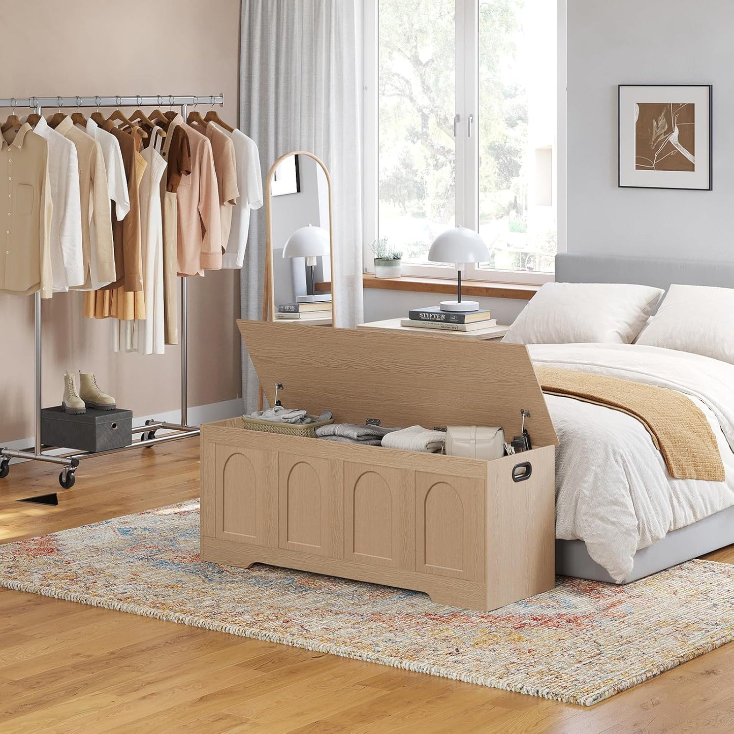 DINZI LVJ Storage Chest, 47.2”Wooden Storage Box with 2 Safety Hinges, Entryway Shoe Bench with Flip-Top, Large Trunk for Living Room, Bedroom, Easy Assembly, Natural