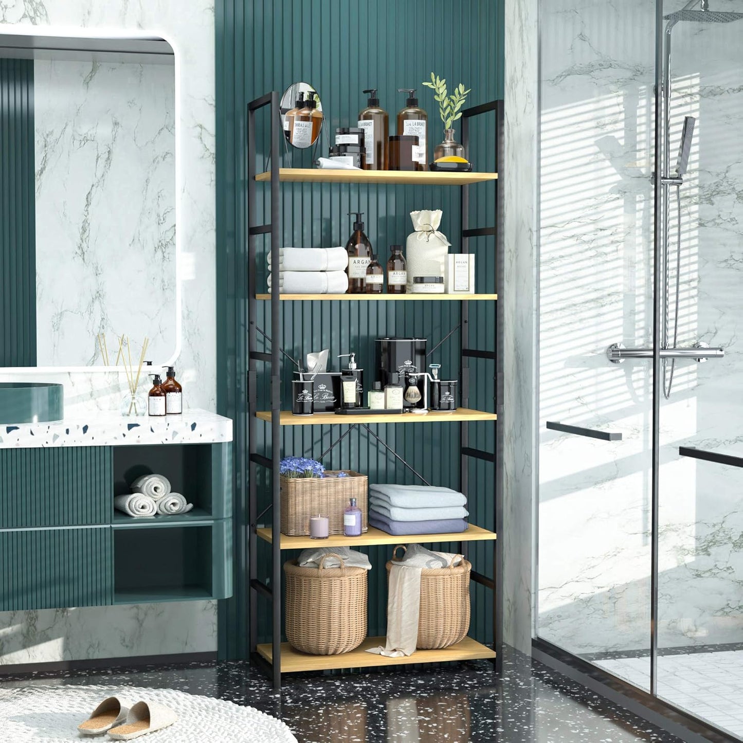 NUMENN 5 Tier Bookshelf, Tall Bookcase Shelf Storage Organizer, Modern Book Shelf for Bedroom, Living Room and Home Office, Natural