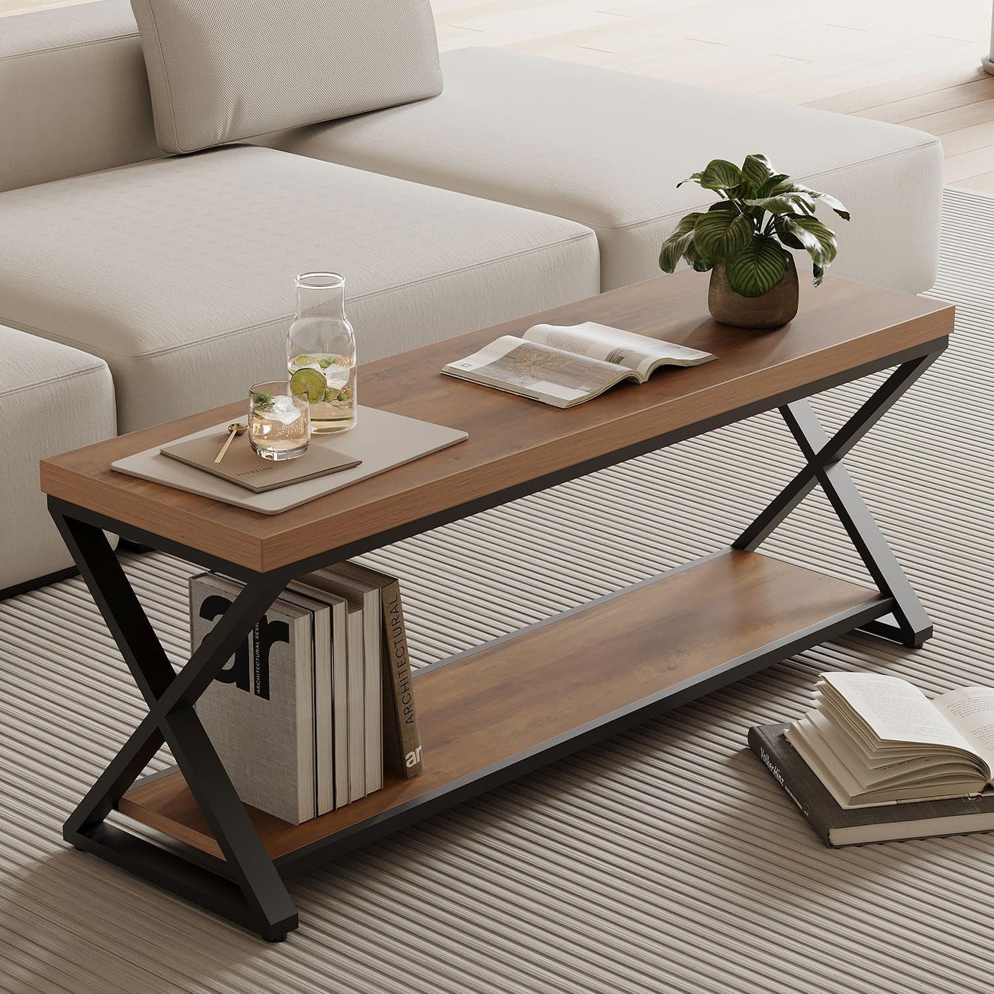 IBF Wood Entryway Bench, Wooden and Metal Bedroom Indoor Bench, Industrial Shoe Bench with Storage and Seating, Farmhouse Entry Bench for Foyer Entrance Hallway Living Dining Room, Rustic Oak, 47 Inch