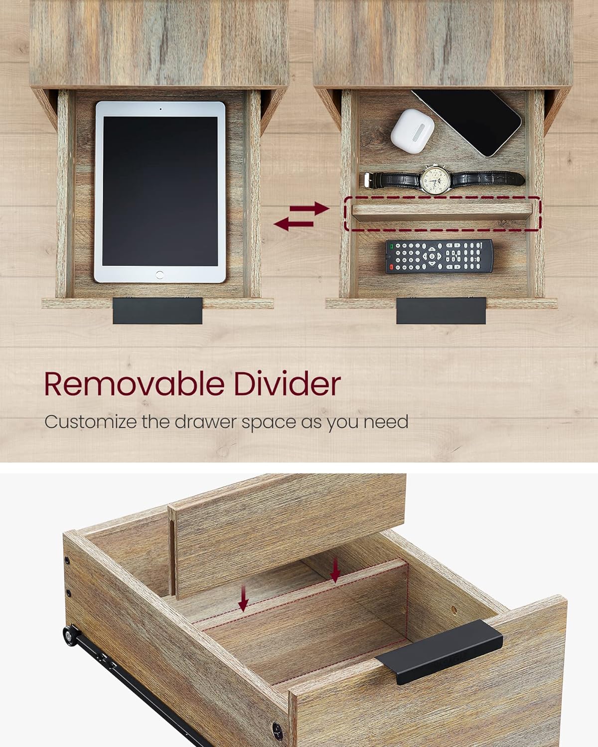 VASAGLE Side Table with Charging Station, Narrow End Table with 2 Drawers, Slim Nightstand and Bedside Table with Storage, for Small Spaces, Oak with Blue Grains and Black ULET321B60