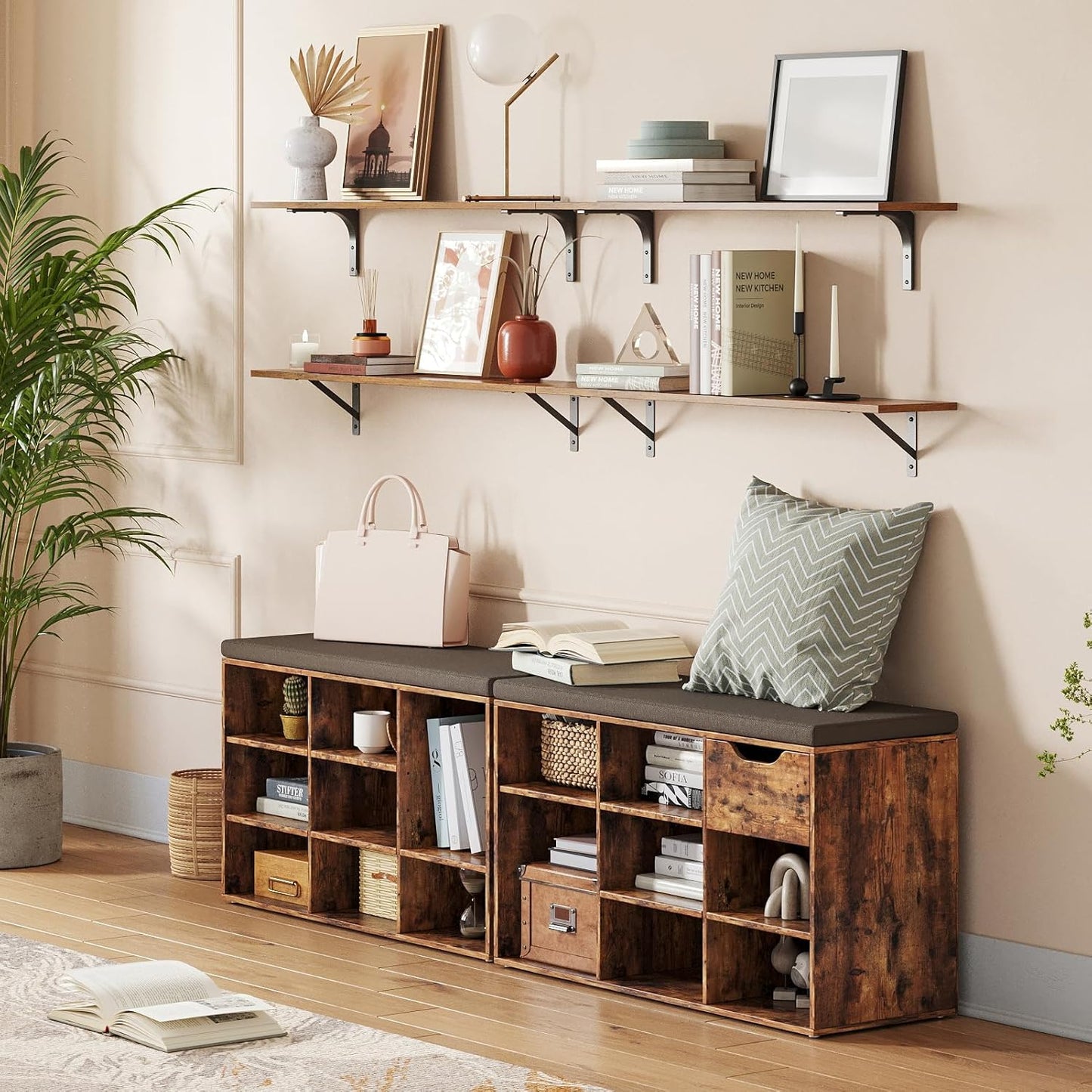 DINZI LVJ Shoe Bench, Entryway Storage Bench with Drawer and 8 Cubbies, Cubby Shoe Rack with Adjustable Shelves, Shoe Organizer Cabinet for Living Room, Bedroom, Mudroom and Garage, Rustic Brown