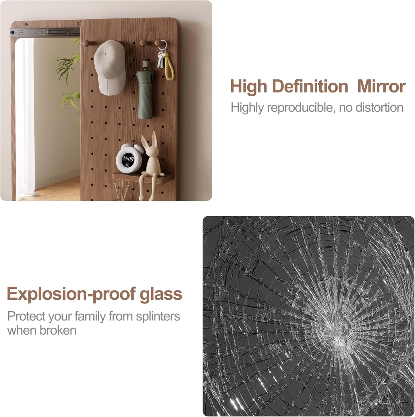 KungFuWood Full Length Mirror with Shelf and Hooks,Entry Way Mirrors for Wall,Wall Mirror with Shelf,Wall Mirror with Storage Multifunctional Design Panel,Living Room