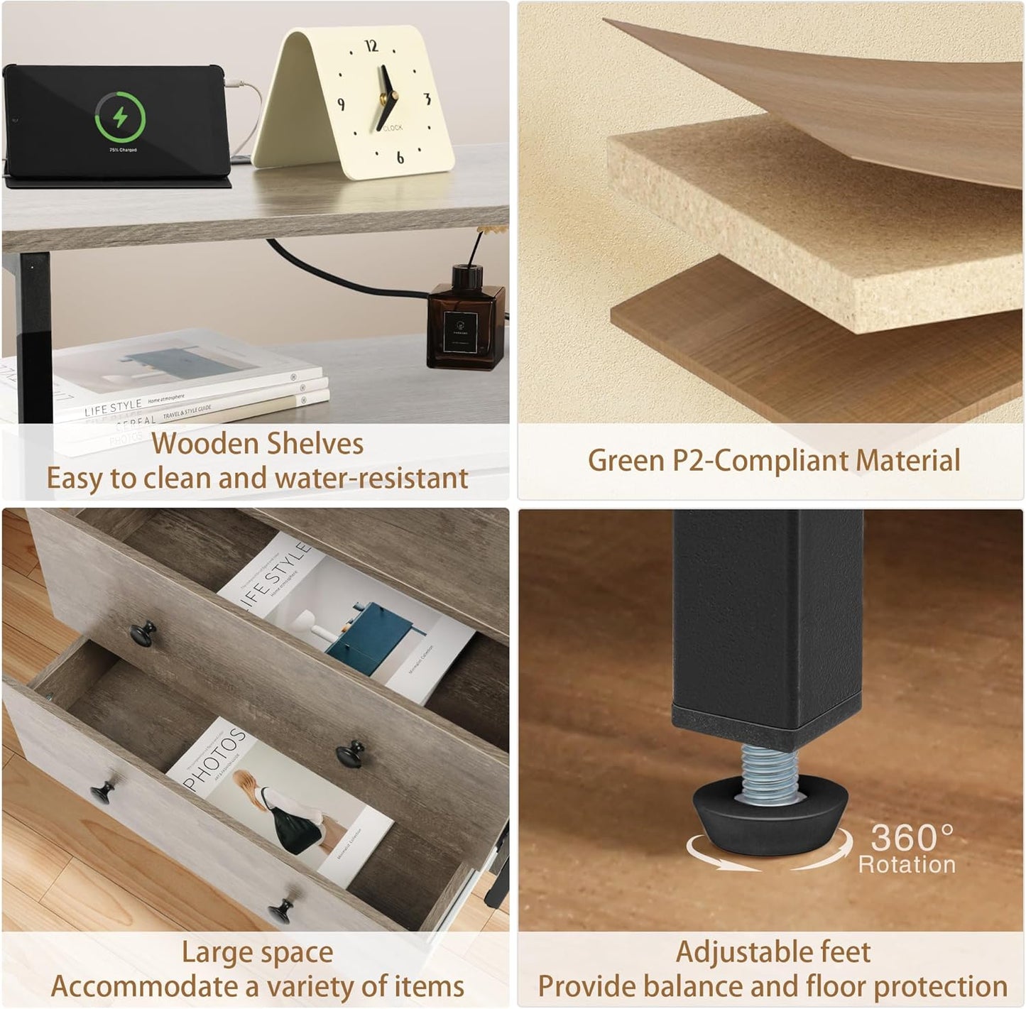 27 inch Wide Nightstand with Charging Station, Bedside Table with Open Shelf, 2 Drawers Small Wood Dresser, End Side Table for Bedroom (2 Pack,Rustic Gray)