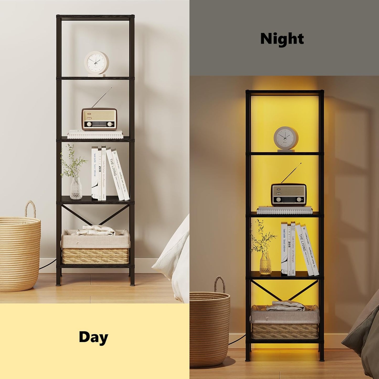 5-Tier Bookshelf, Tall Narrow Bookcase with LED Lights, Book Shelf with Steel Frame, Display Storage Shelf for Living Room, Bedroom, Home Office, Study, Balcony, Black