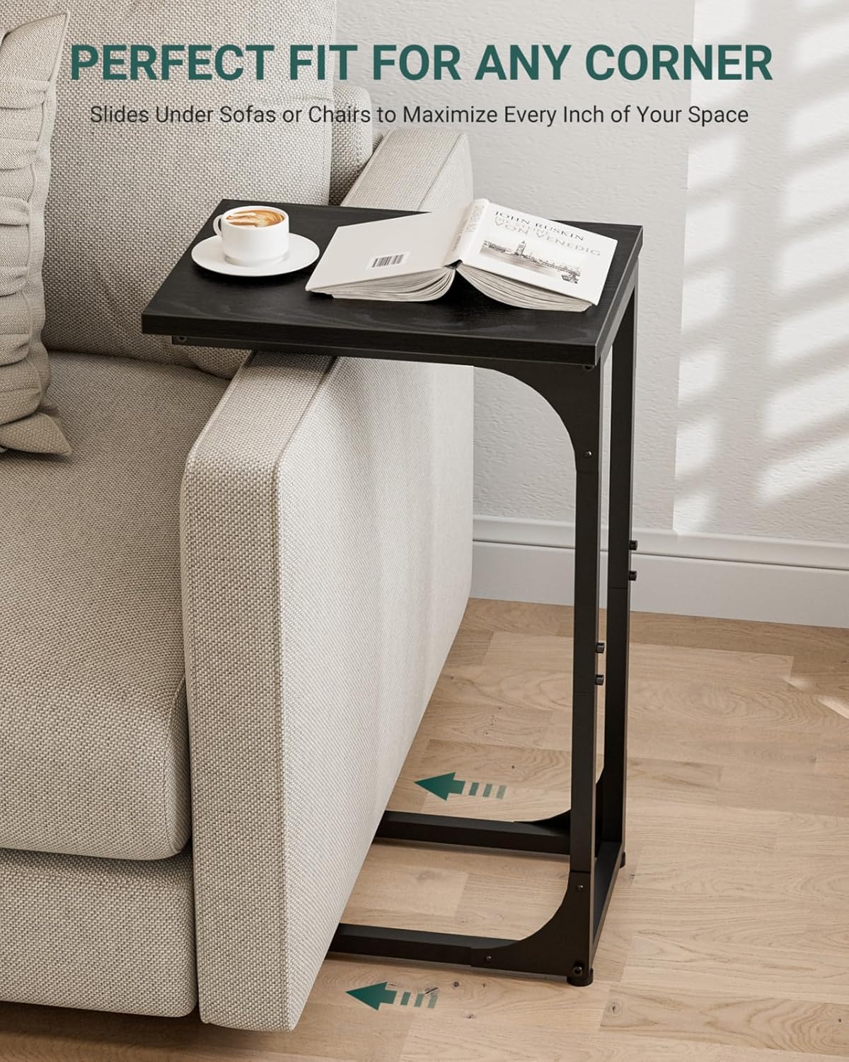 C-Shaped Side Table for Couch - Small Coffee Stand Sofa Tray Desk with Metal Frame and Waterproof Scratch Resistant, Modern End Accent for Living Room, Bedroom, Small Spaces, Black
