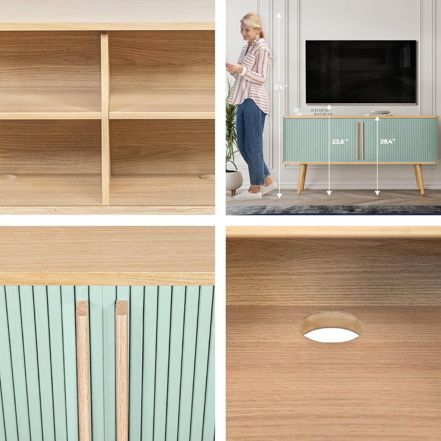 WERMO 53'' Blue Cabinet with Doors and Shelves - Credenza, Modern Media Console Table with Storage, Blue Sideboard Storage Accent Cabinet for Living Room, Office, Entryway and Bedroom (Oak)