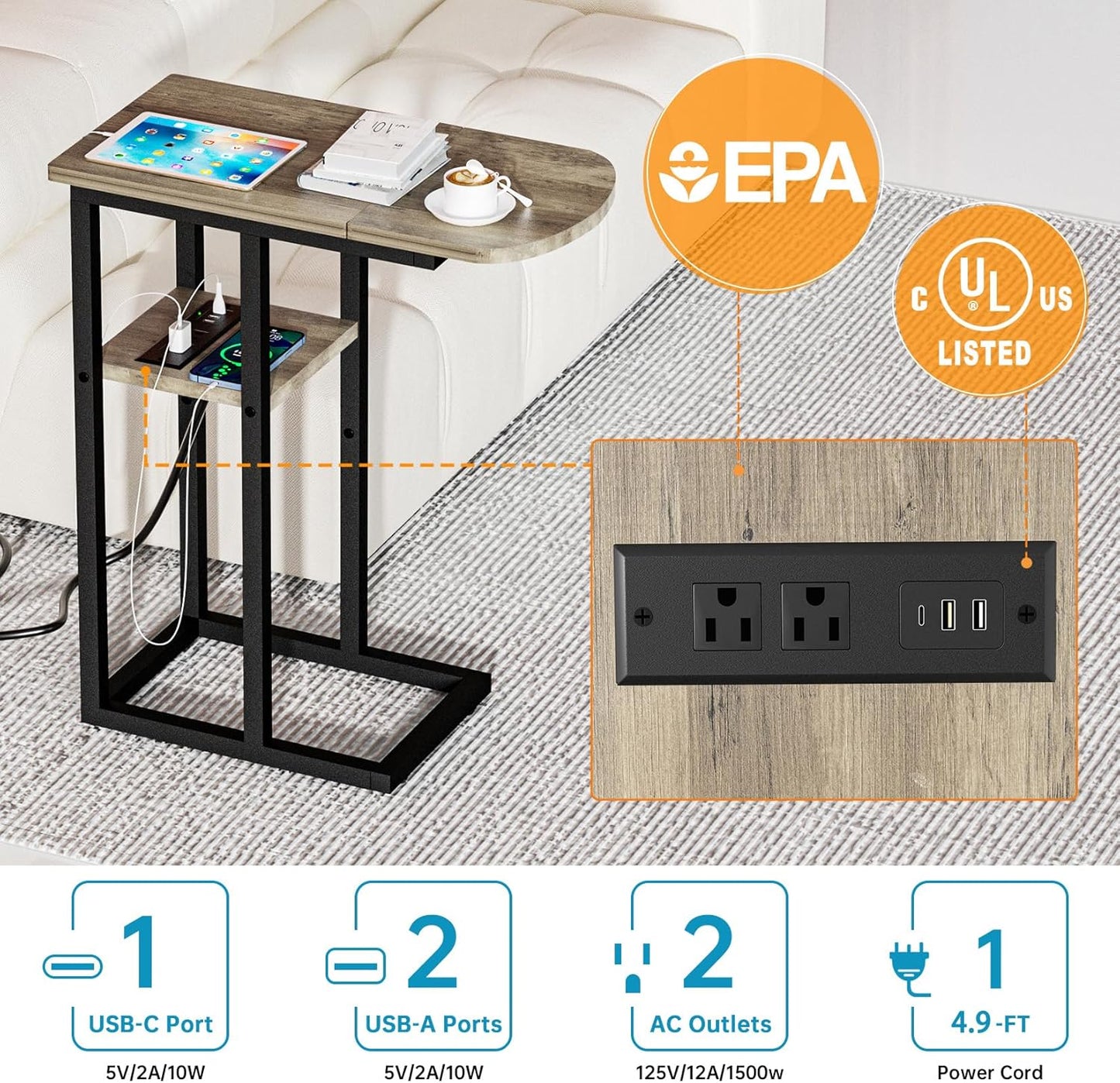 C Table End Table with Charging Station, Couch C Shaped Side Table for Living Room, Bedroom, Laptop Table with USB Ports and Type-C Port, Snack Tray Table for Couch