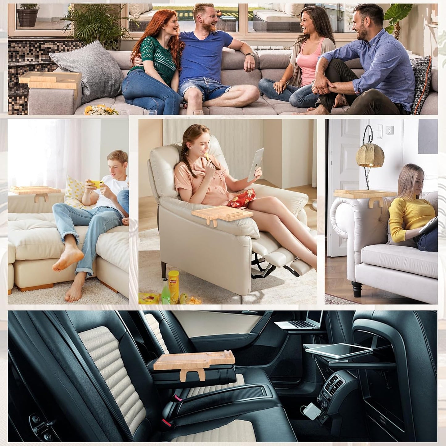 Bamboo Couch Arm Table with Remote Control Tray & Rotating Phone Holder,Non-Slip Clip Fits Sctional Sofa and Pillow,Foldable Armrest Tray Table for Couch,Durable Sofa Arm Table for Drinks and Dining