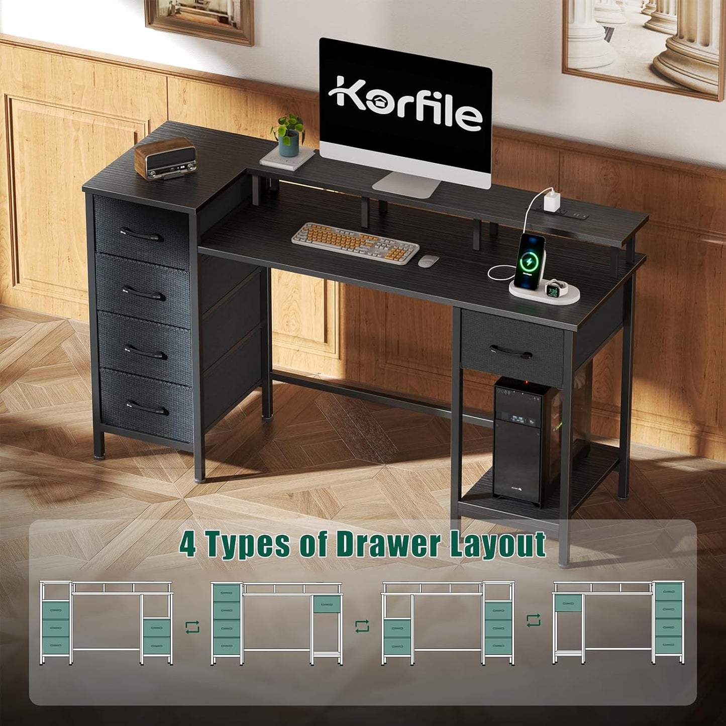 55 Inch Computer Gaming Desk with Power Outlets LED Lights Reversible Home Office with Adjustable Fabric Storage Drawers for Working Writing Study, Black