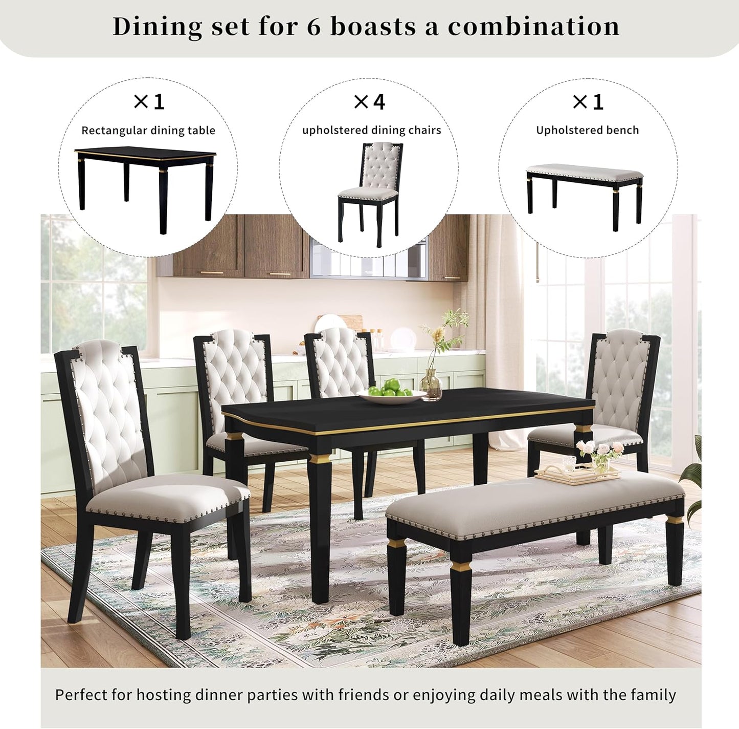Ball & Cast Dining Table Set for 6,Kitchen Table W/ 4 High-Back Tufted Chairs & 1 Bench,6 Piece Dining Room Table Set W/ 60" Rectangular Table,for Kitchen, Living Room,Black