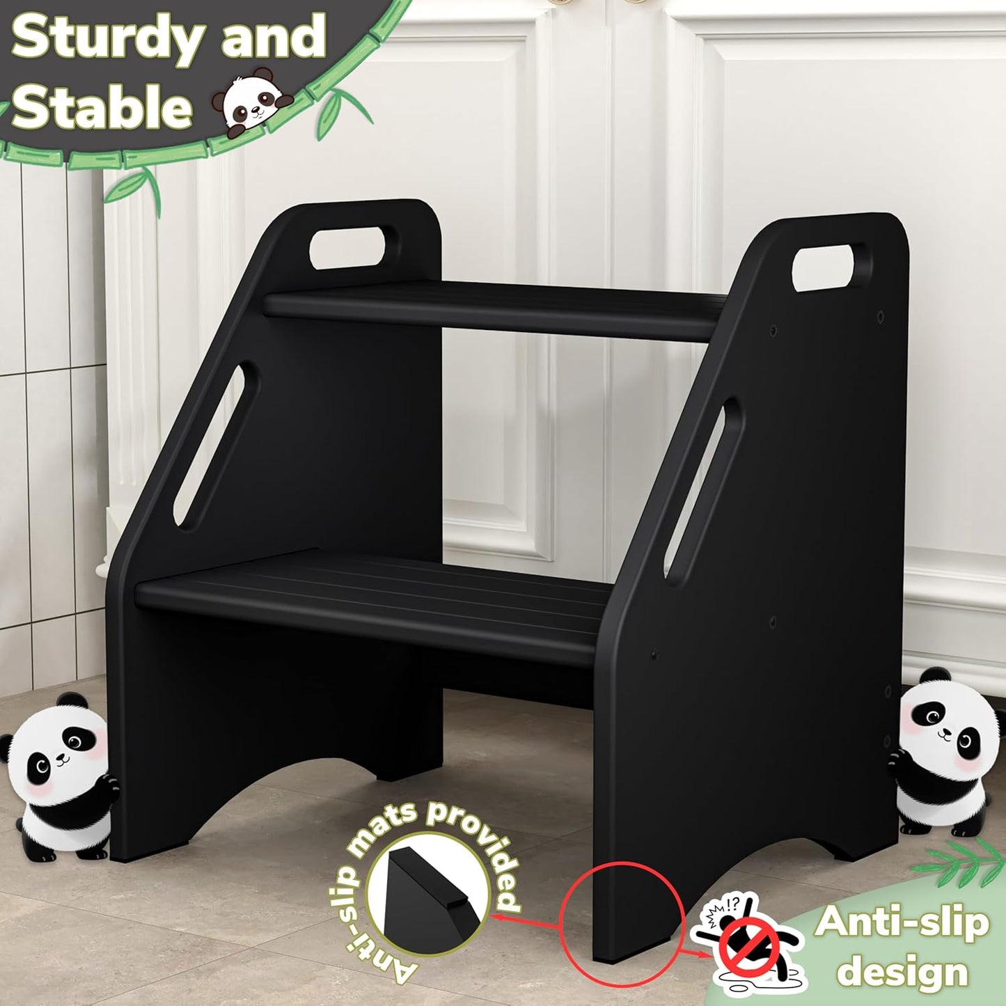 AMBIRD Wooden Step Stool, 15.75'' H Potty Training Toddler 300 lbs Capacity with Safety Non-Slip Pads and Handles, Step Stools for Kids, Bamboo 2-Step Stool for Bathroom, High Beds (Black)