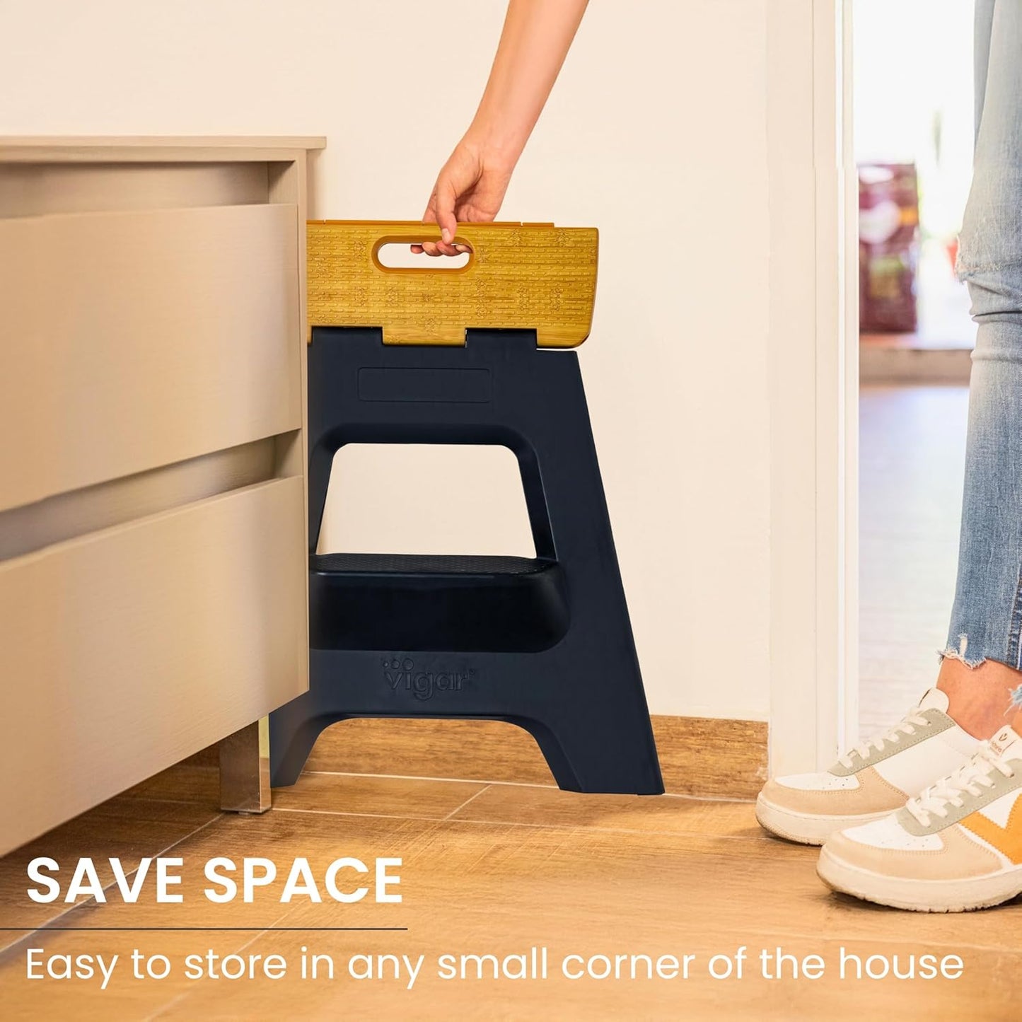 Vigar Compact Step Stool Foldable, 16-inch Two-Step Stools for Adults up to 330 Pound, Lightweight Stool, Non-Slip Folding Step Stool, Black, Bamboo Print on Top