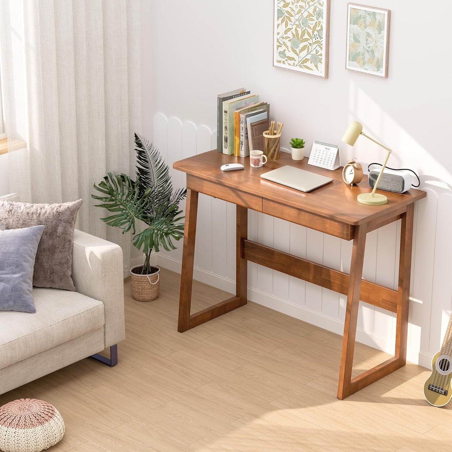 100% Solid Wood Writing Desk - Mid Century Modern Desk, Home Office Desks with Drawers, Walnut Vintage Desks, Laptop Computer Work Study Table for Bedroom, Living Room & Office