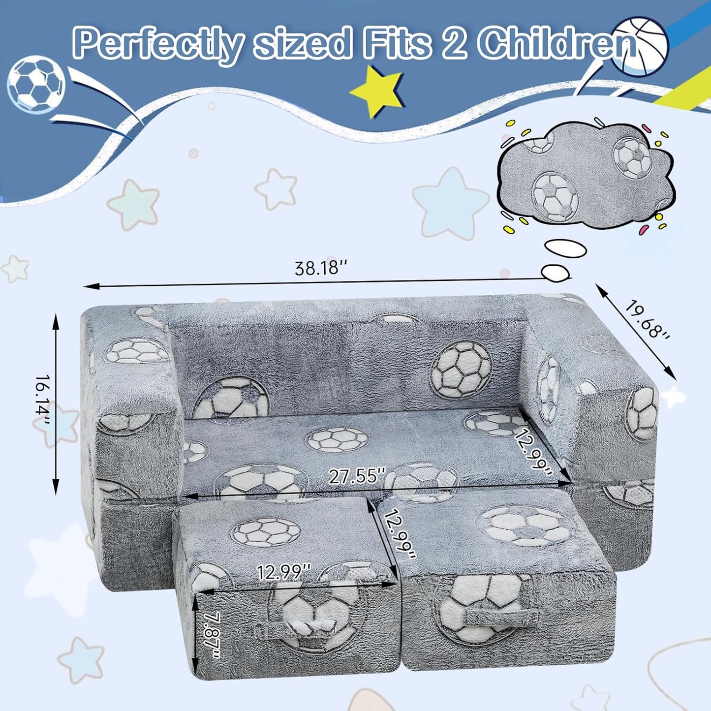 Lamerge Toddler Couch Glow in The Dark Toddler Fold Out Couch for playroom, Convertible Baby Fold Out Play Foam and Floor Cushion for Bedroom (Grey+Football)