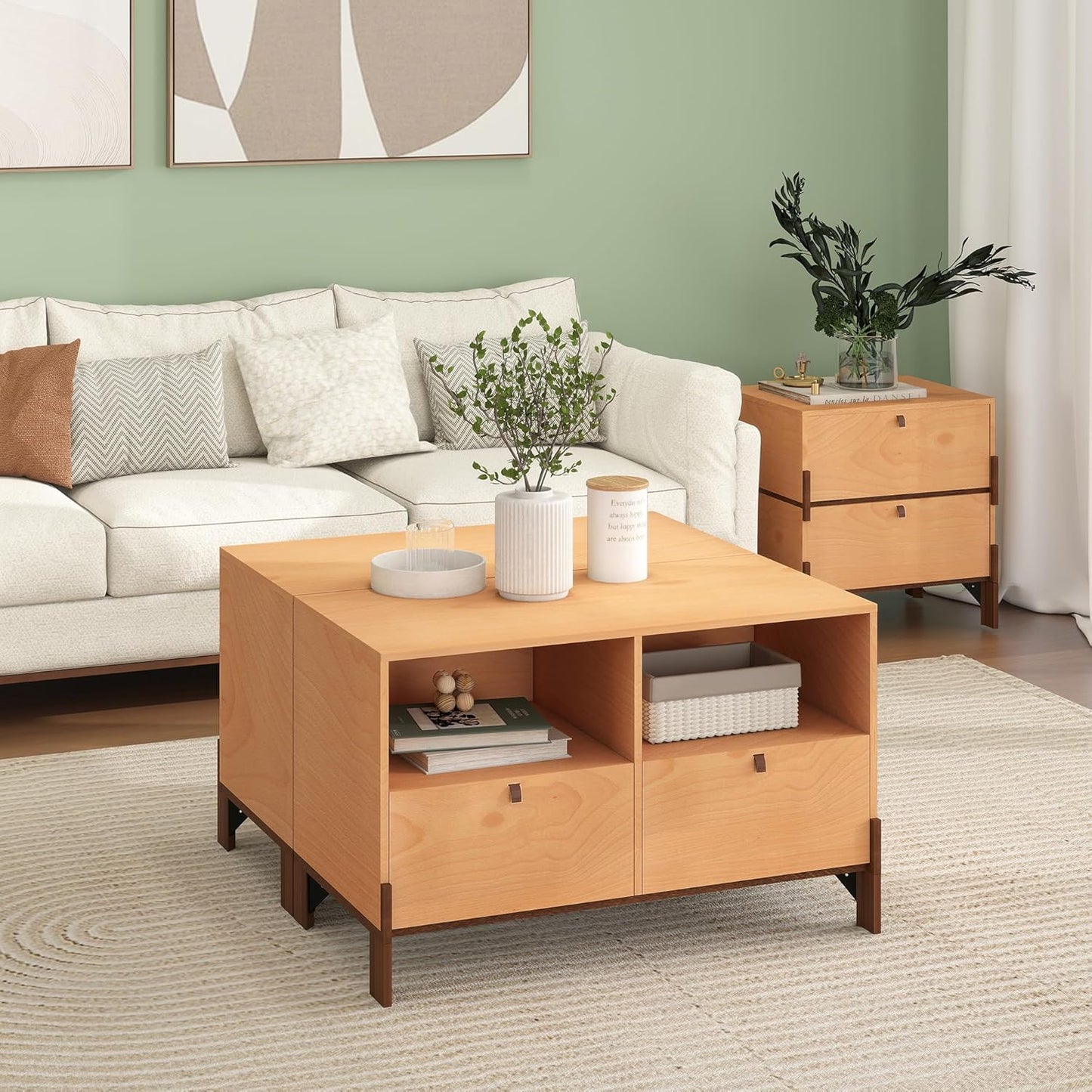 Sebastack TV Stand, Expandable Television Stand, Customizable Coffee Table with Drawer, Entertainment Center and Media Console with Storage for Living Room, Bedroom, 31.46 inch Beech Color