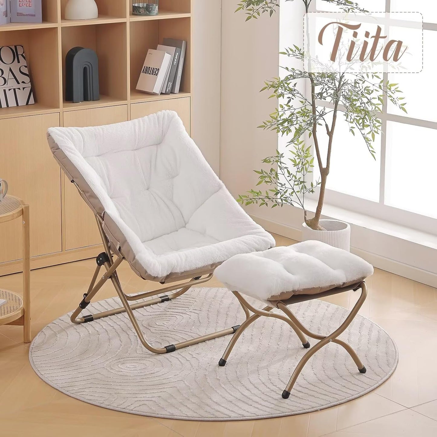 Tiita Comfy Folded Chair, Soft Faux Fur Oversized Folding Accent Chair, Lounge Lazy Chair for Kids Teens Adults, Metal Frame Moon Chair for Bedroom, Living Room, Dorm Rooms