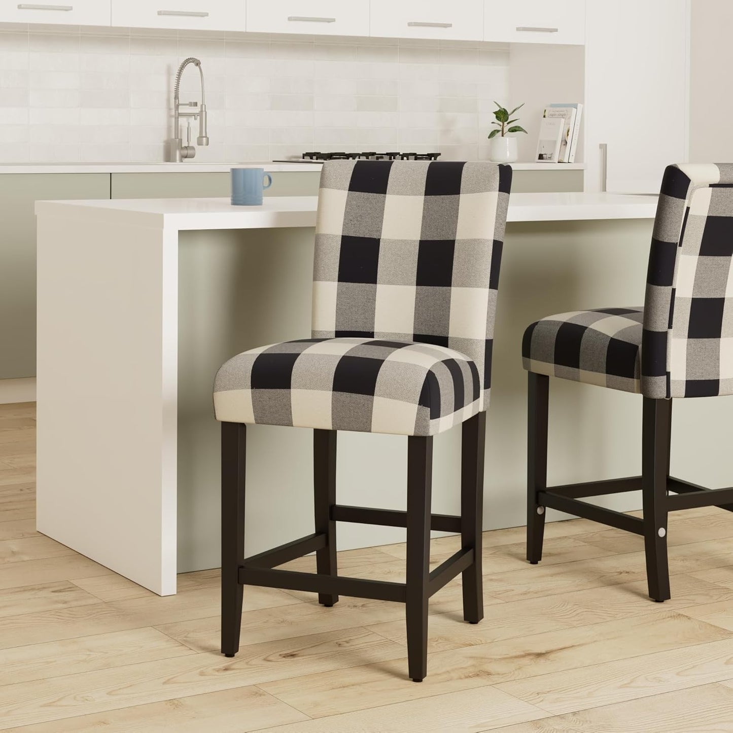 'HomePop by Kinfine Fabric Upholstered Counter Height Barstool - 24-inch, Black and Cream Geometric