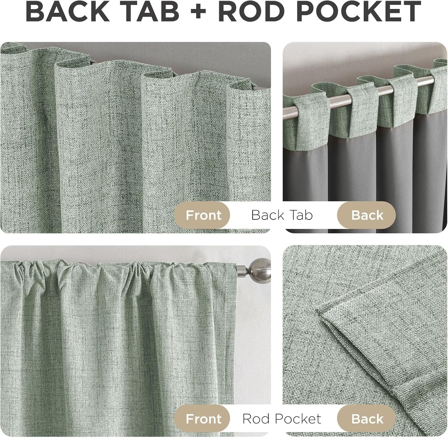 Joydeco 100% Blackout Curtains for Bedroom - Natural Linen Curtains 70" W x 96" L Long, Thermal Insulated 1 Panels Sage Green Light Blocking Drapes, Rod Pocket & Back Tabs for Living Room