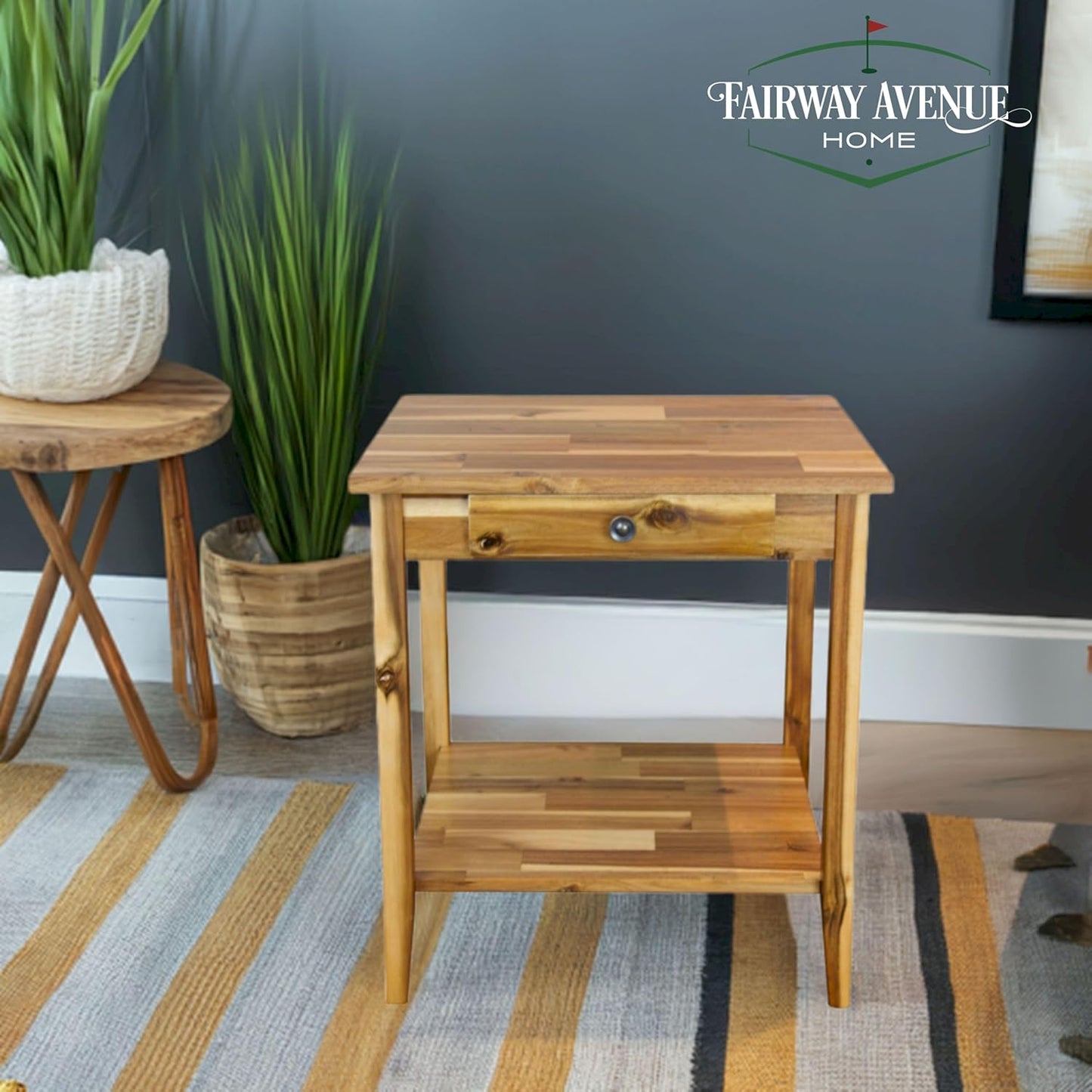 2-Tier Solid Acacia End Table w/Drawer