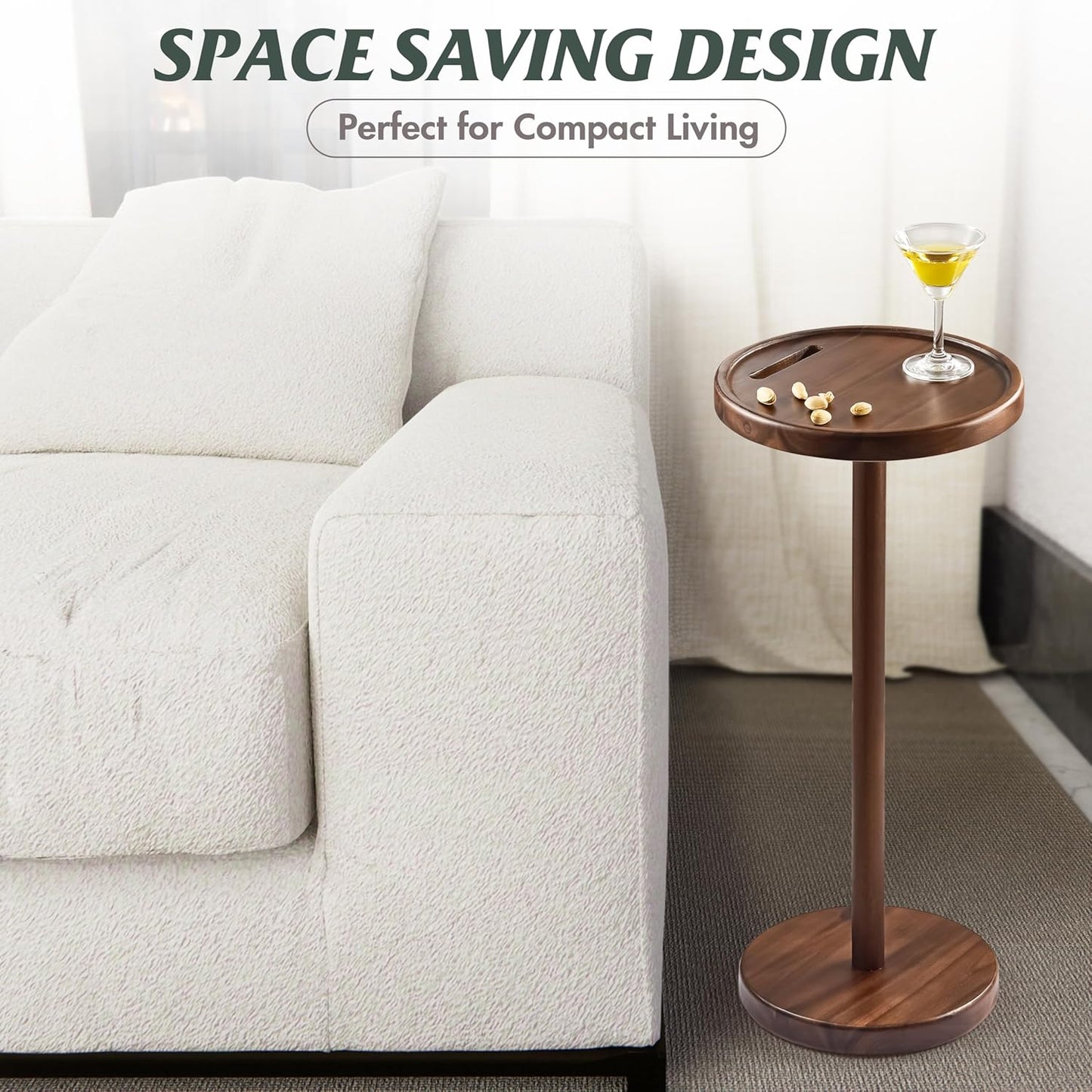 Drink Table, 24.4" Tall Compact Side Table with Phone Slot and Weighted Base, Durable Pedestal Table Accent for Living Room (Flat, Walnut)