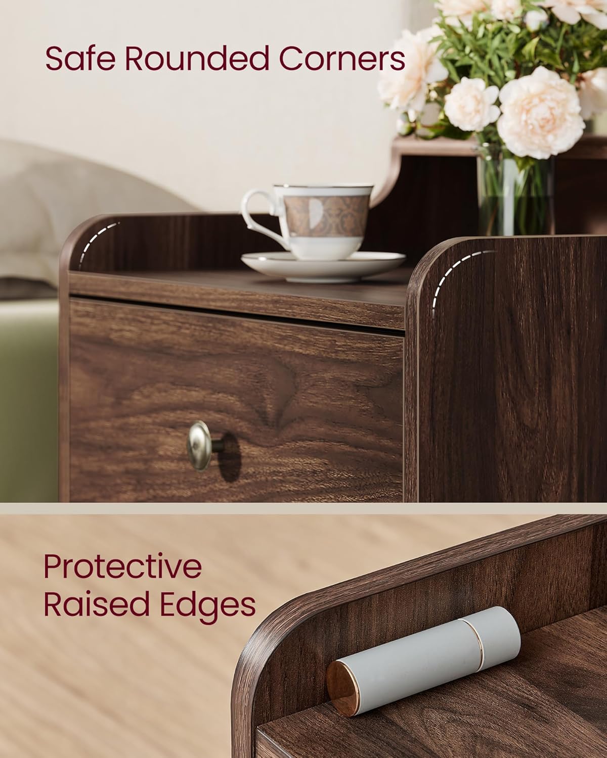 VASAGLE Nightstands, Set of 2, Bedside Tables with Hidden Drawers, Mid-Century End Side Tables with Solid Wood Legs, for Bedroom, Natural Walnut ULET624K01