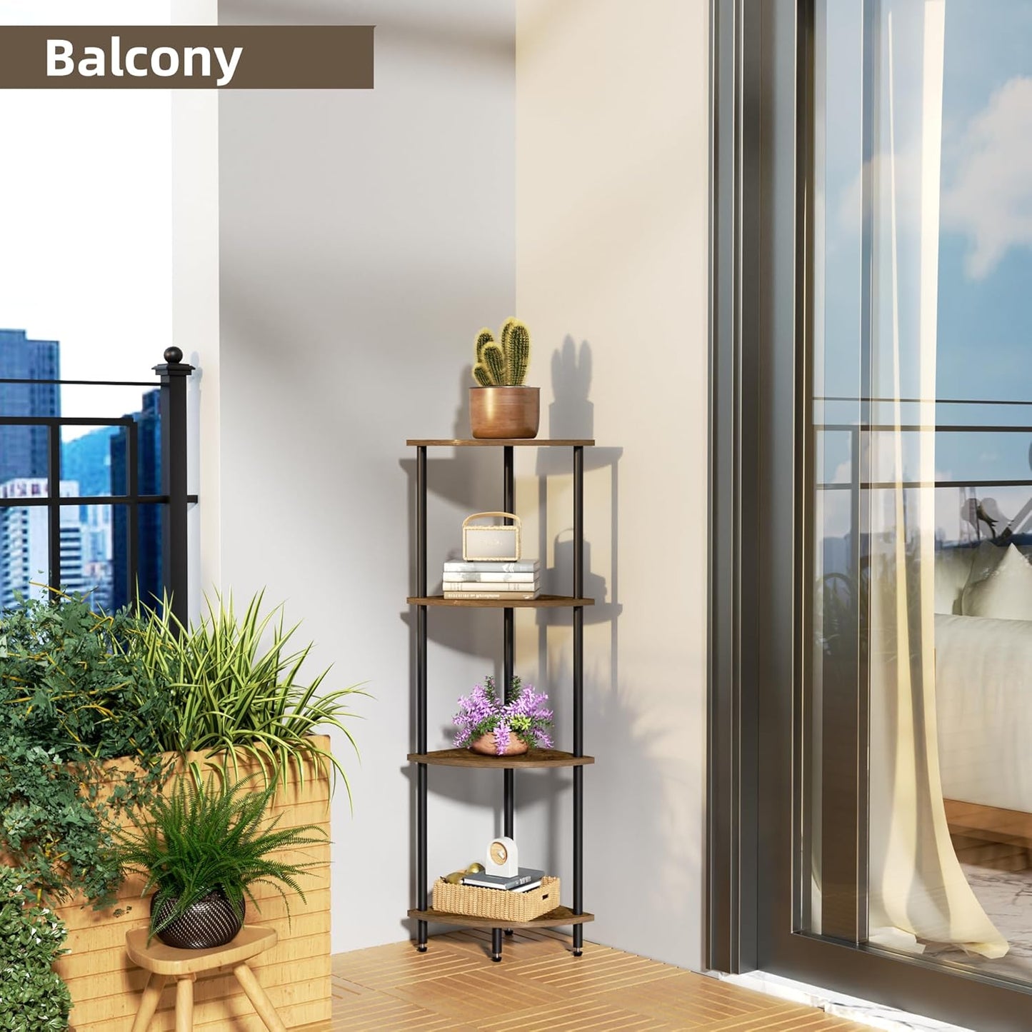 4 Tier Corner Shelf, Bookcase for Small Spaces, Corner Display Shelf, Plant Stand, Rustic Brown and Black,Suitable for Bedroom,Living Room,Kitchen
