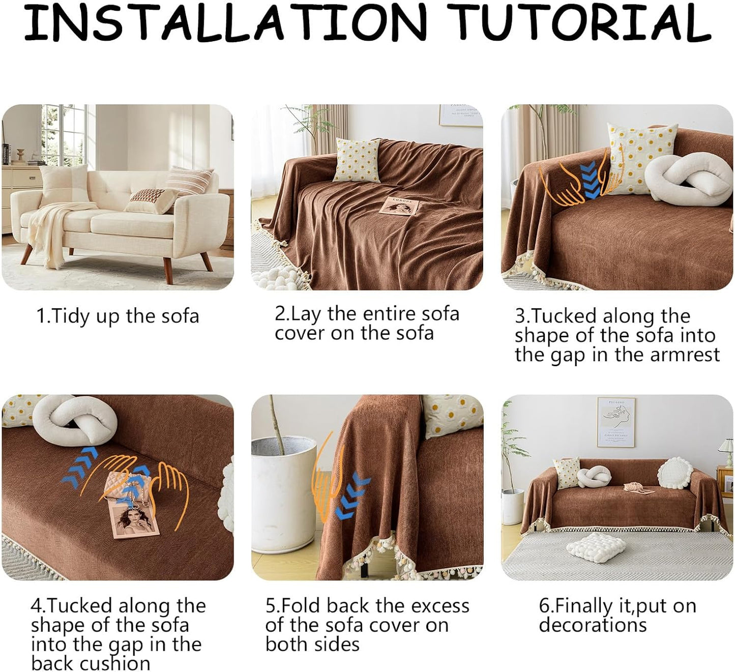 HANDONTIME Boho Style Sofa Cover with Tassels, Washable & Non-Slip Couch Cover for 3 Cushion Sofa, Herringbone Pattern Pet-Friendly Sofa Slipcover, Chocolate Color, 91"x134", Living Room Decor