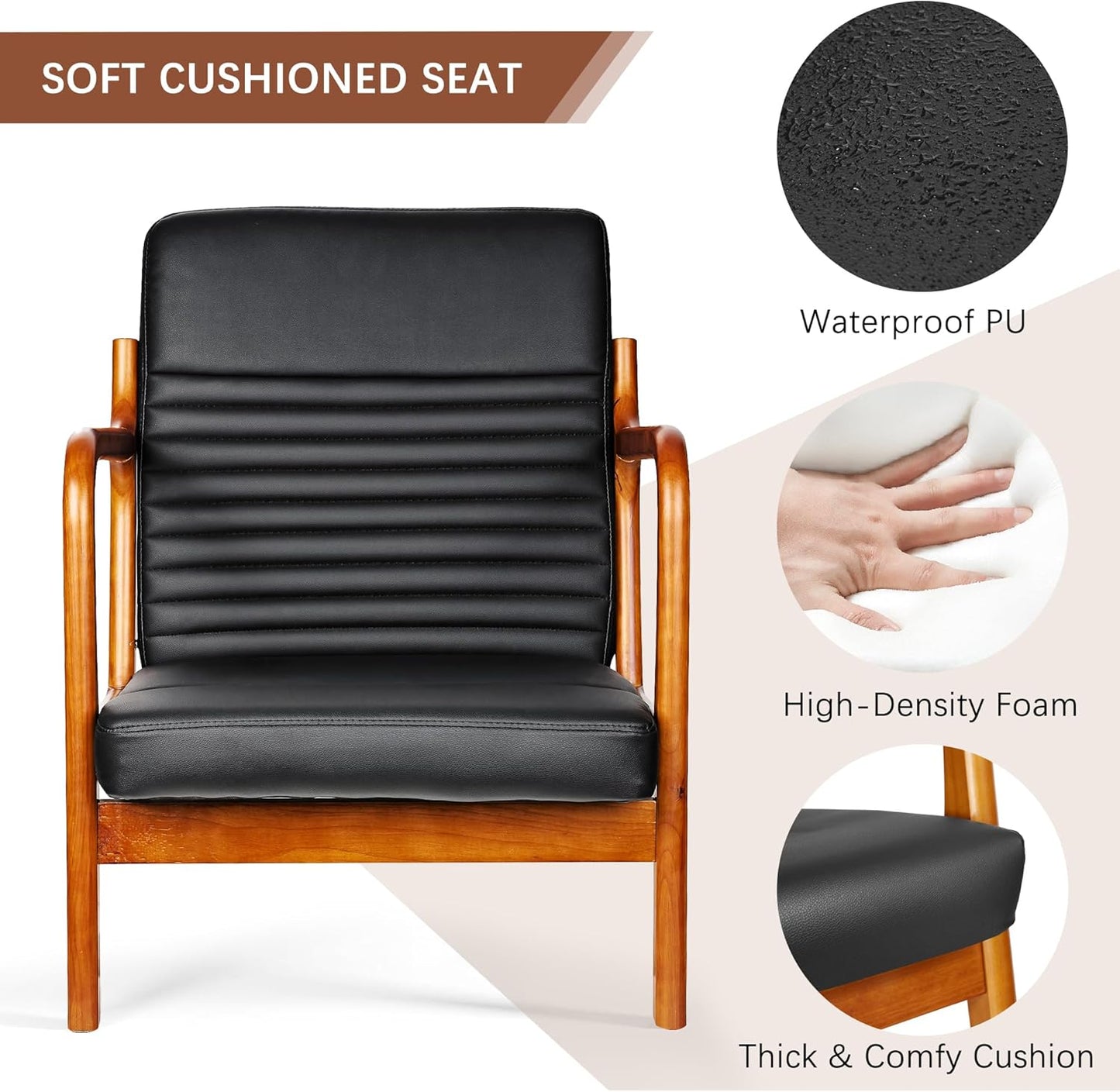 VECELO Mid-Century Modern Accent Chair with Faux Leather Cushion & Solid Wood Frame, Lounge Armchair for Living Room, Bedroom, Office, Black