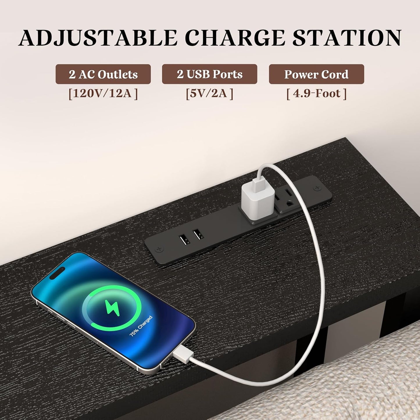 GRLEAF 90" Sofa Table with Built-in Power Strip (4 AC Outlets & 4 USB Ports) – 4.9ft Power Cord, Metal Frame, Easy Assembly, Long Couch Table Behind Sofa, Living Room and Home Office | Black