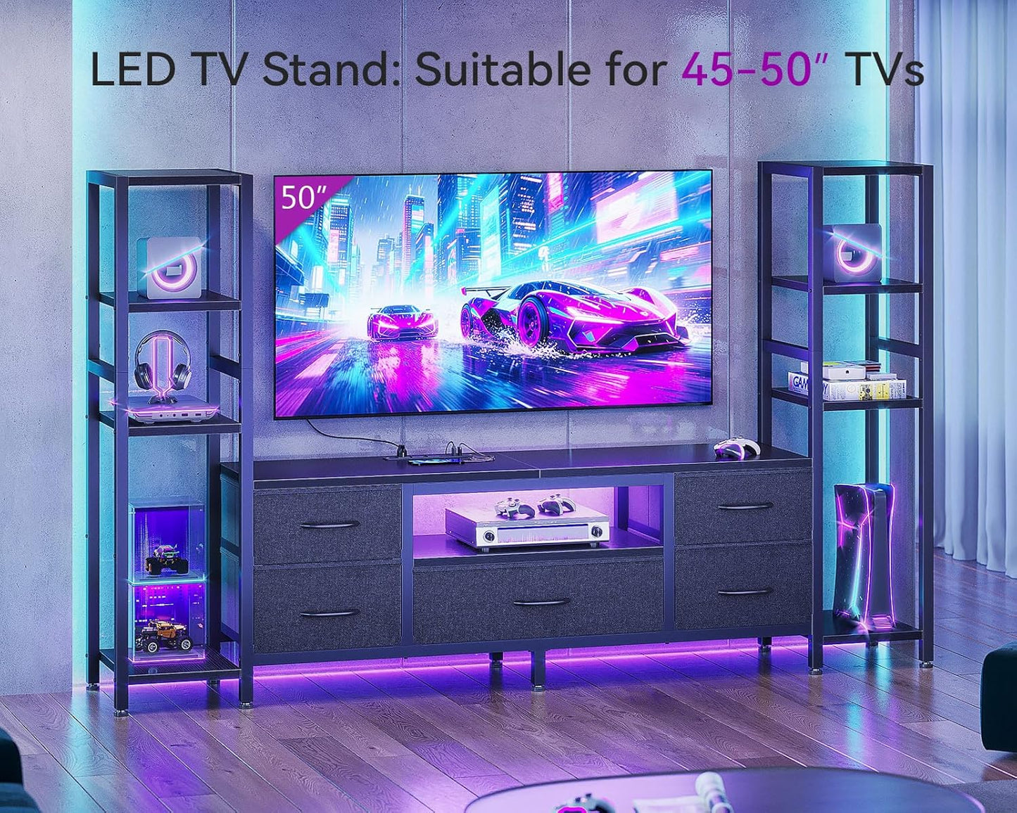 Casaottima 71" TV Stands for 43, 50, 55 Inch TV Entertainment Center with LED Lights and Power Outlets, TV Stand for Living Room with 5 Fabric Drawers & Shelf, TV Console Cabinet for Bedroom, Black