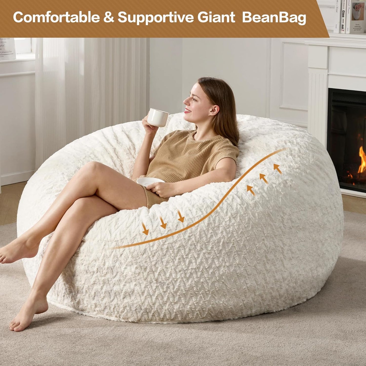 Hobestluk 5ft Bean Bag Chairs for Adults Large Beanbag Chair with Chevron Plush Fur Cover Big Bean Bag Chair for Living Room Bedroom Dorm Office - White (50” x 50” x 24”)