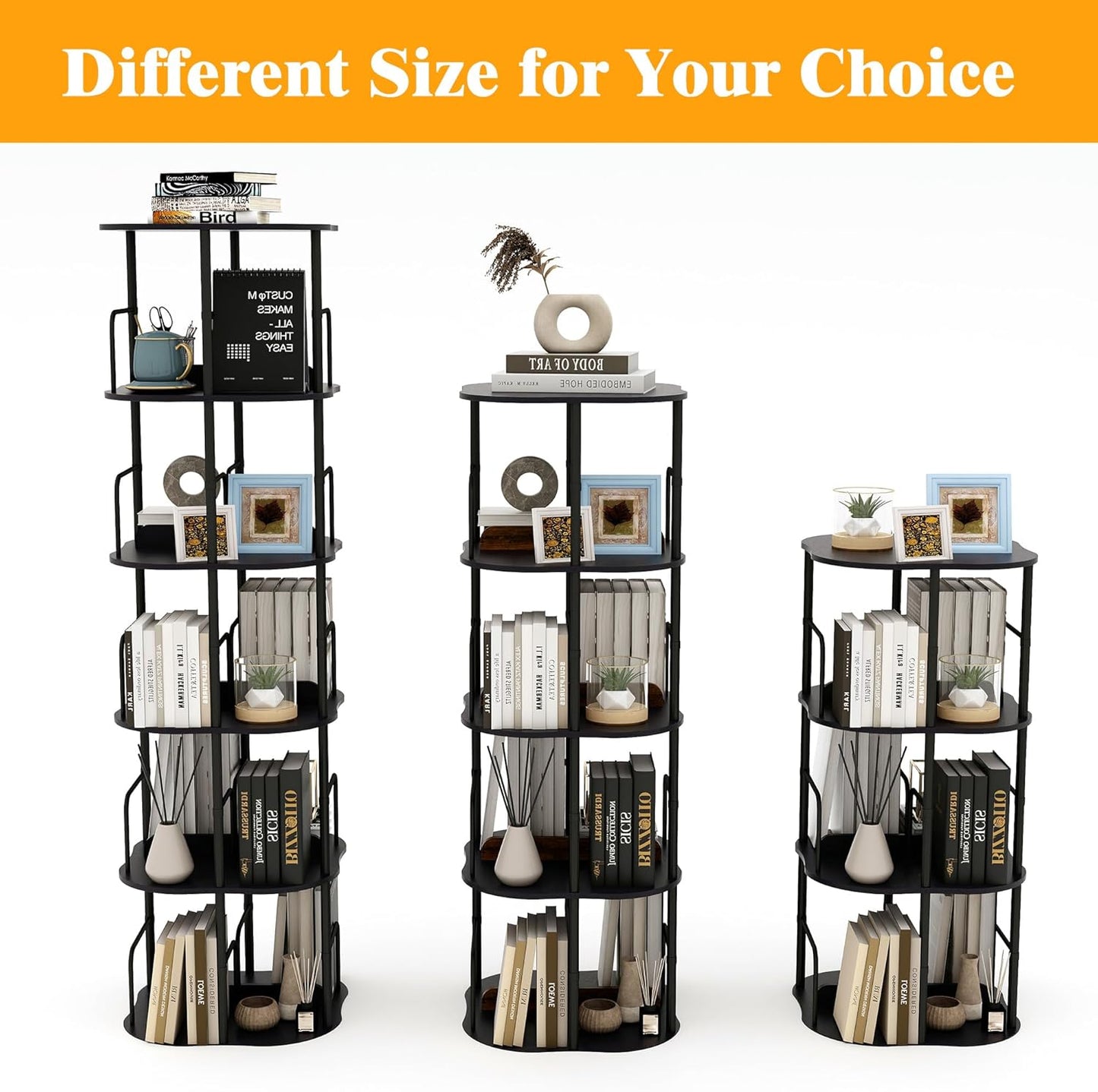 4-Tier Rotating Bookshelf, 360 ° Display Stackable Spinning Bookshelf Tower, Narrow Space Saving Tall Floor Standing Swivel Bookcase Corner Organizer for Bedroom, Living Room, Black